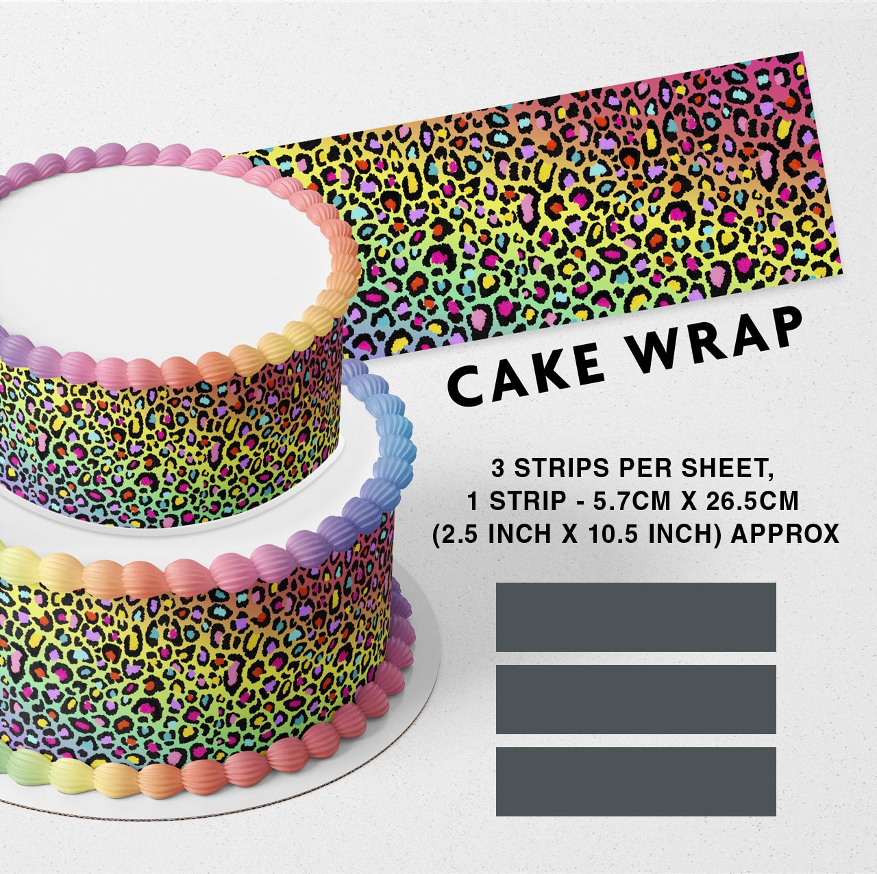 Leopard Cheetah Print Pattern Rainbow Strips Edible Icing Printed Cake Wrap Strips Topper Ribbon Border image 0