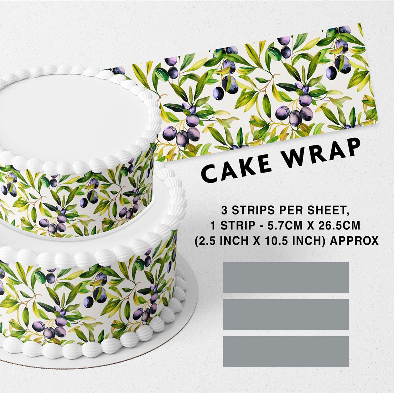 Green Branches Of Olive Edible Icing Printed Cake Wrap Strips Topper Ribbon Border image 0