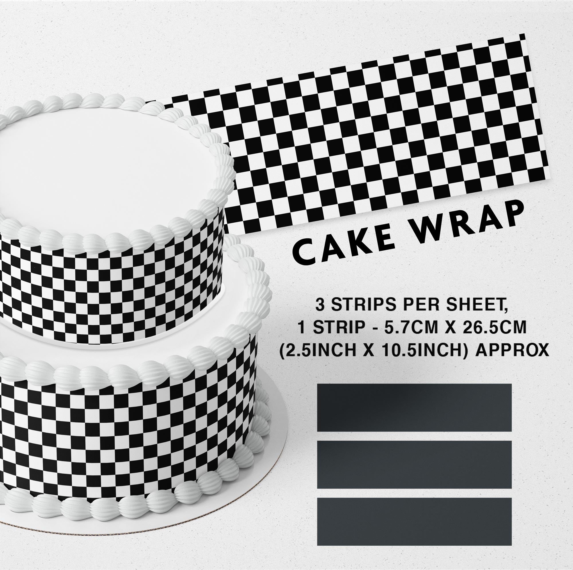 Black White Checkered Edible Icing Printed Cake Wrap Strips Topper Ribbon Border image 0
