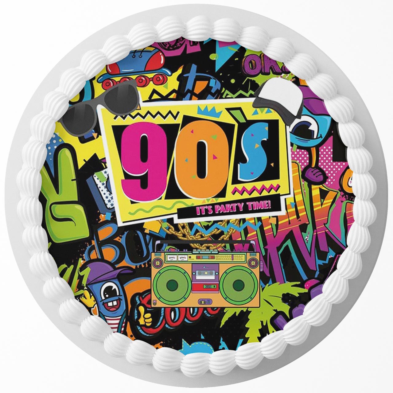 90s Hip Hop Rap Retro Round – Icing Sheet Birthday - Personalized Edible Cake Topper | Custom Icing Sheet | Birthday Cake Decoration