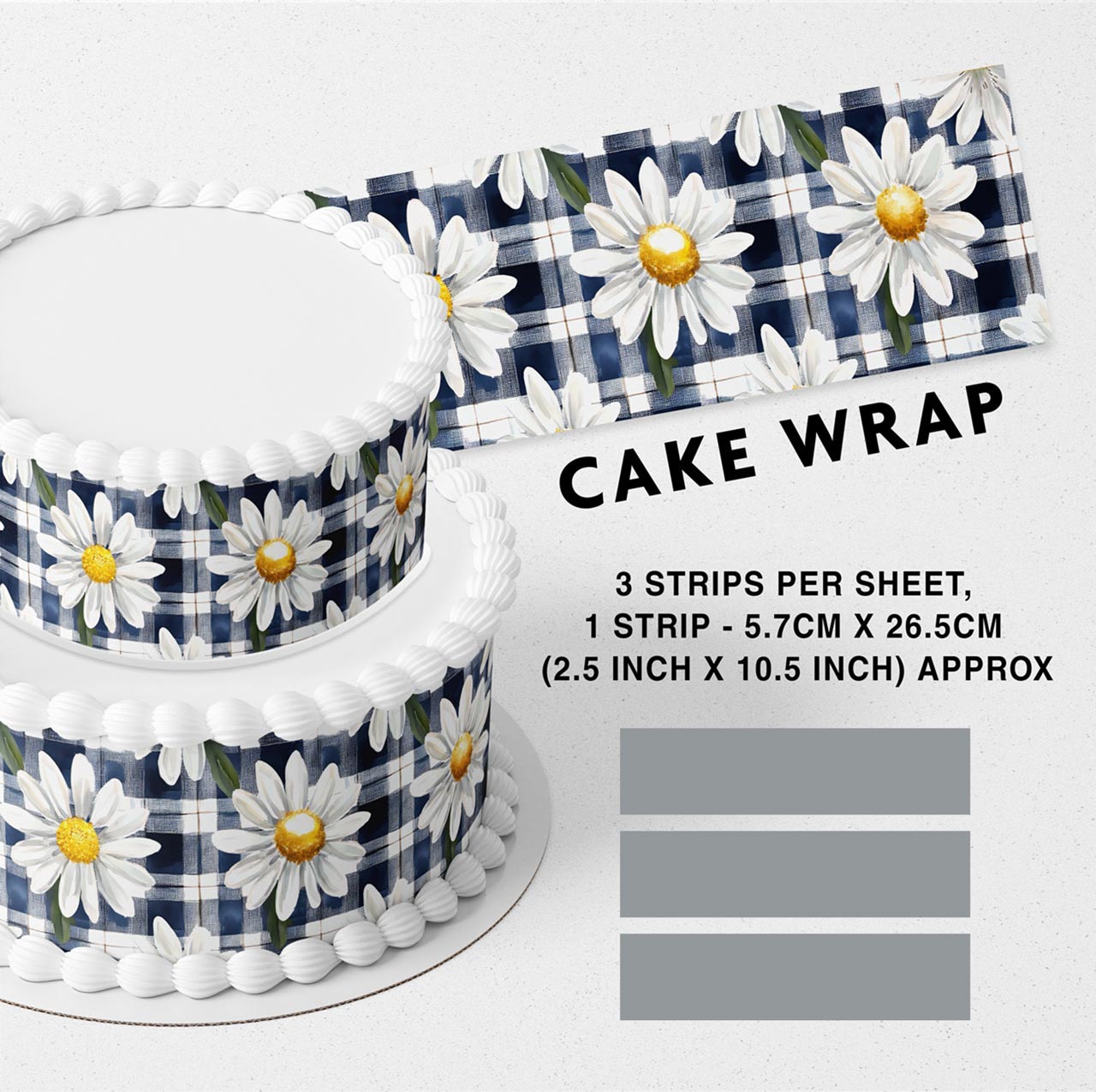 Dark Blue White Checked Daisy Flowers Edible Icing Printed Cake Wrap Strips Topper Ribbon Border image 0