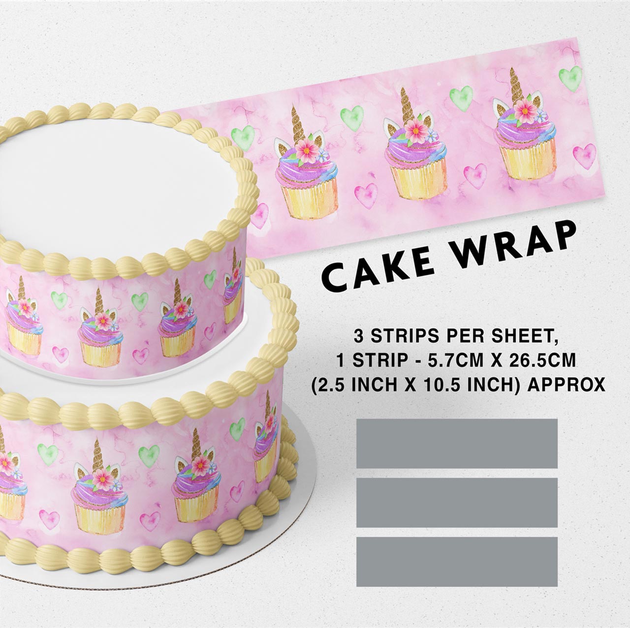 Gold Glitter Pink Raimbow Unicorn Cupcakes Edible Icing Printed Cake Wrap Strips Topper Ribbon Border image 0