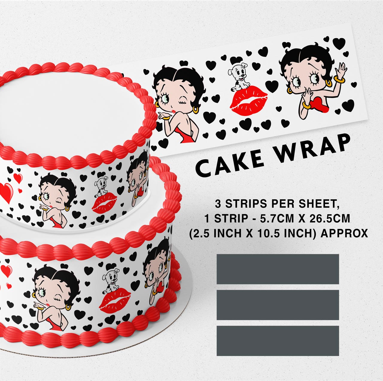 Betty Boop Black Hearts Strips Edible Icing Printed Cake Wrap Strips Topper Ribbon Border image 0