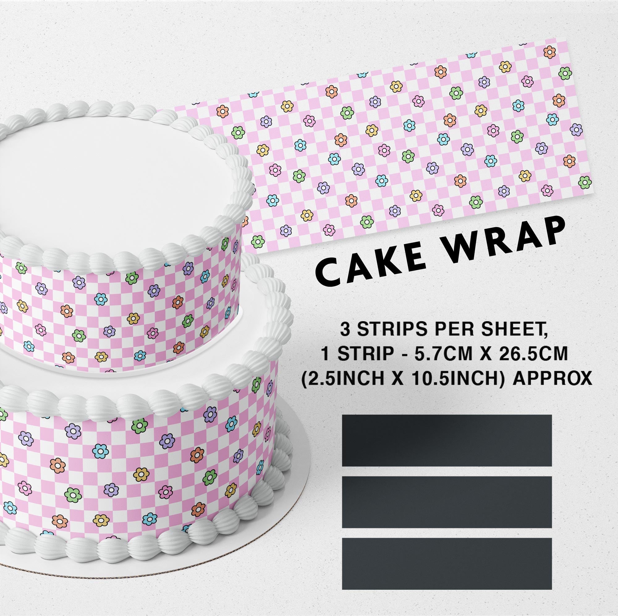 Soft Pink Floral Checkered Edible Icing Printed Cake Wrap Strips Topper Ribbon Border image 0