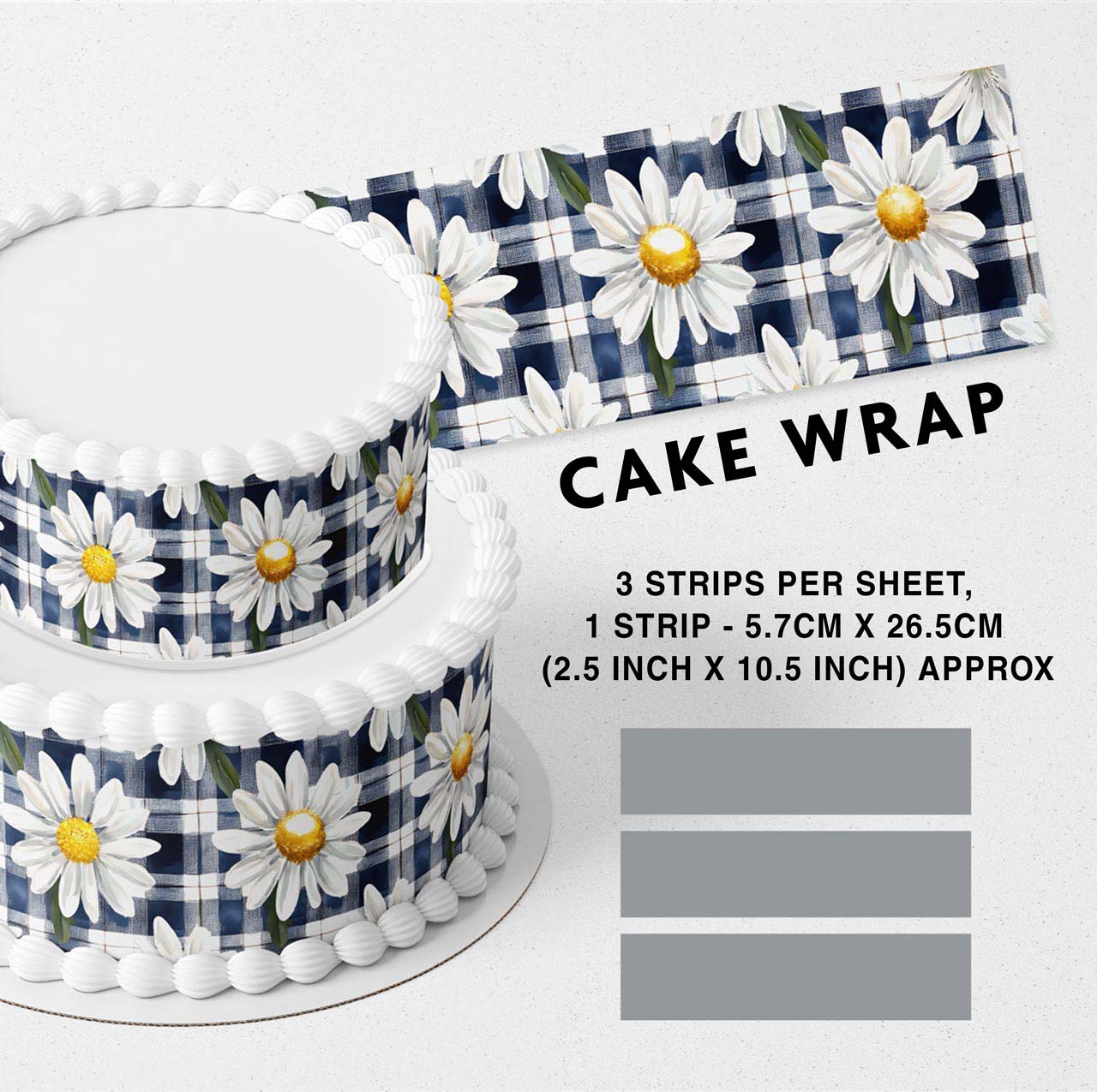 Dark Blue White Checked Daisy Flowers Edible Icing Printed Cake Wrap Strips Topper Ribbon Border image 0
