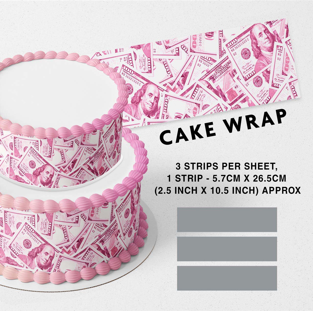 100 Dollar Bill Money Pink Edible Icing Printed Cake Wrap Strips Topper Ribbon Border image 0