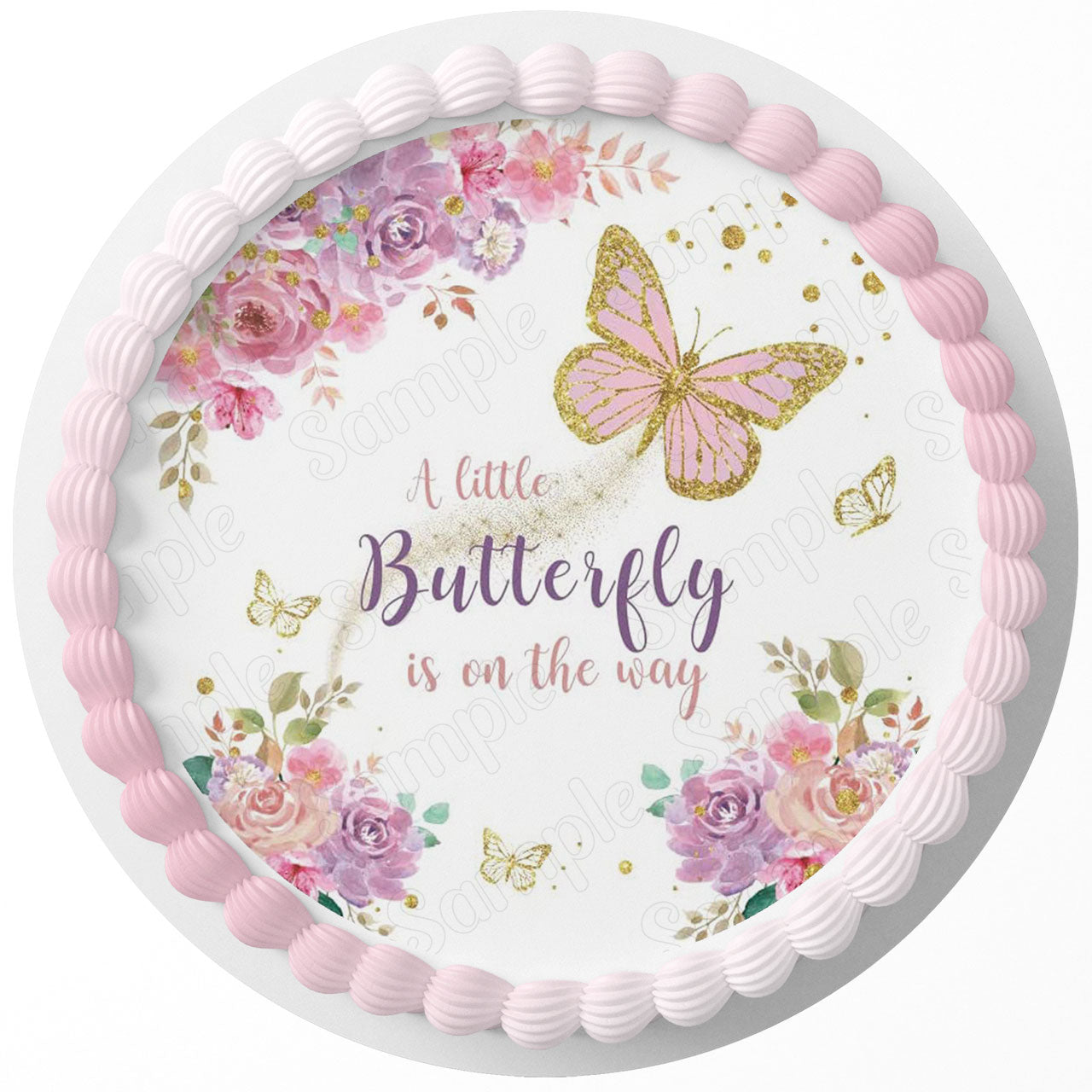 A Little Butterfly Is On The Way Round – Icing Sheet Birthday - Personalized Edible Cake Topper | Custom Icing Sheet | Birthday Cake Decoration