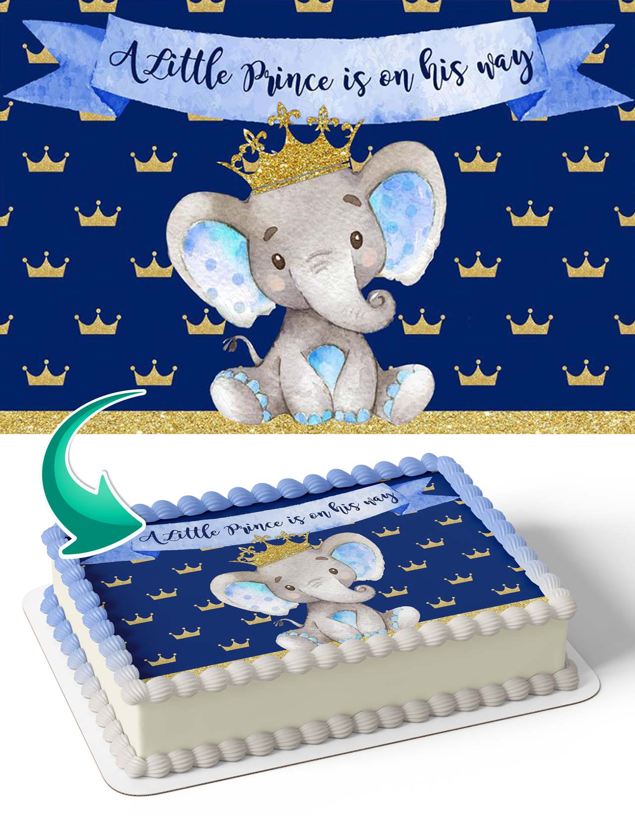 A Little Prince Elephant Is On His Way Blue Gold PHW Edible Cake Topper