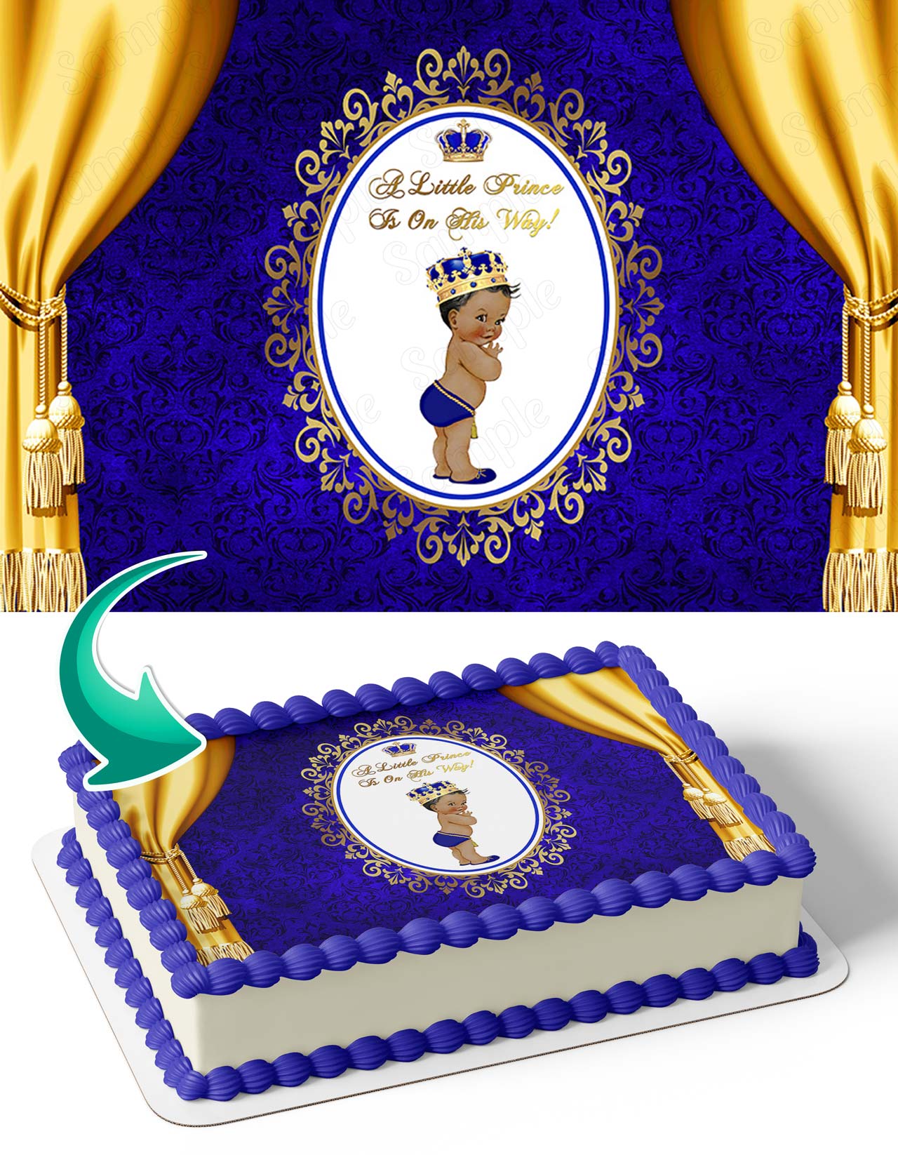 A Little Prince Is On His Way Blue African American Gold LPB Edible Cake Topper