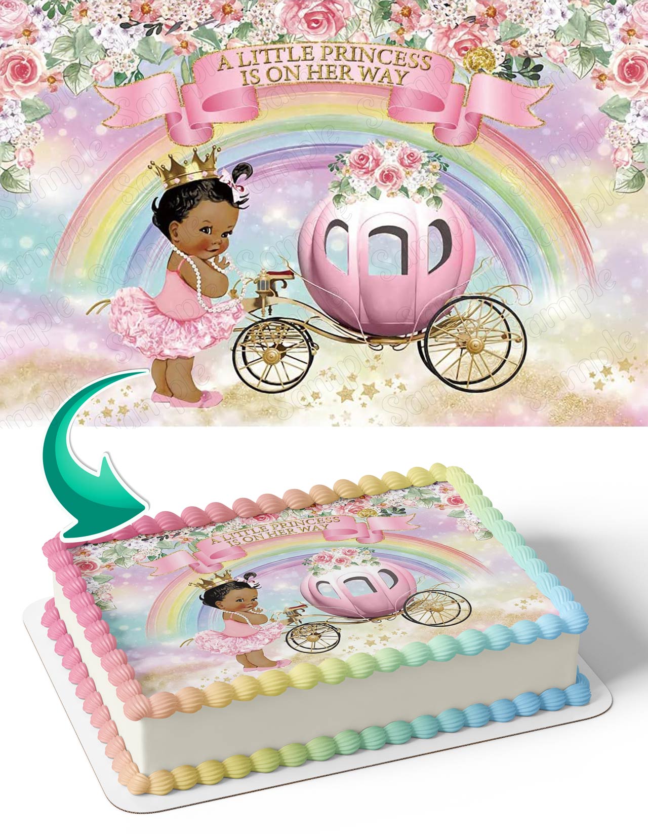A Little Princess Is On Her Way African American Baby Girl Pink Pumpkin Edible Cake Topper