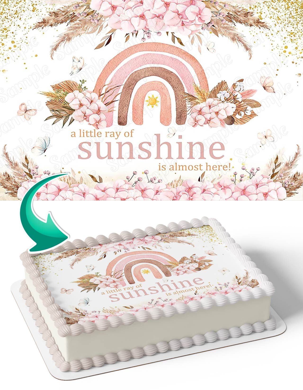 A Little Ray of Sunshine is Almost Here Pink Floral Rainbow Edible Cake Topper