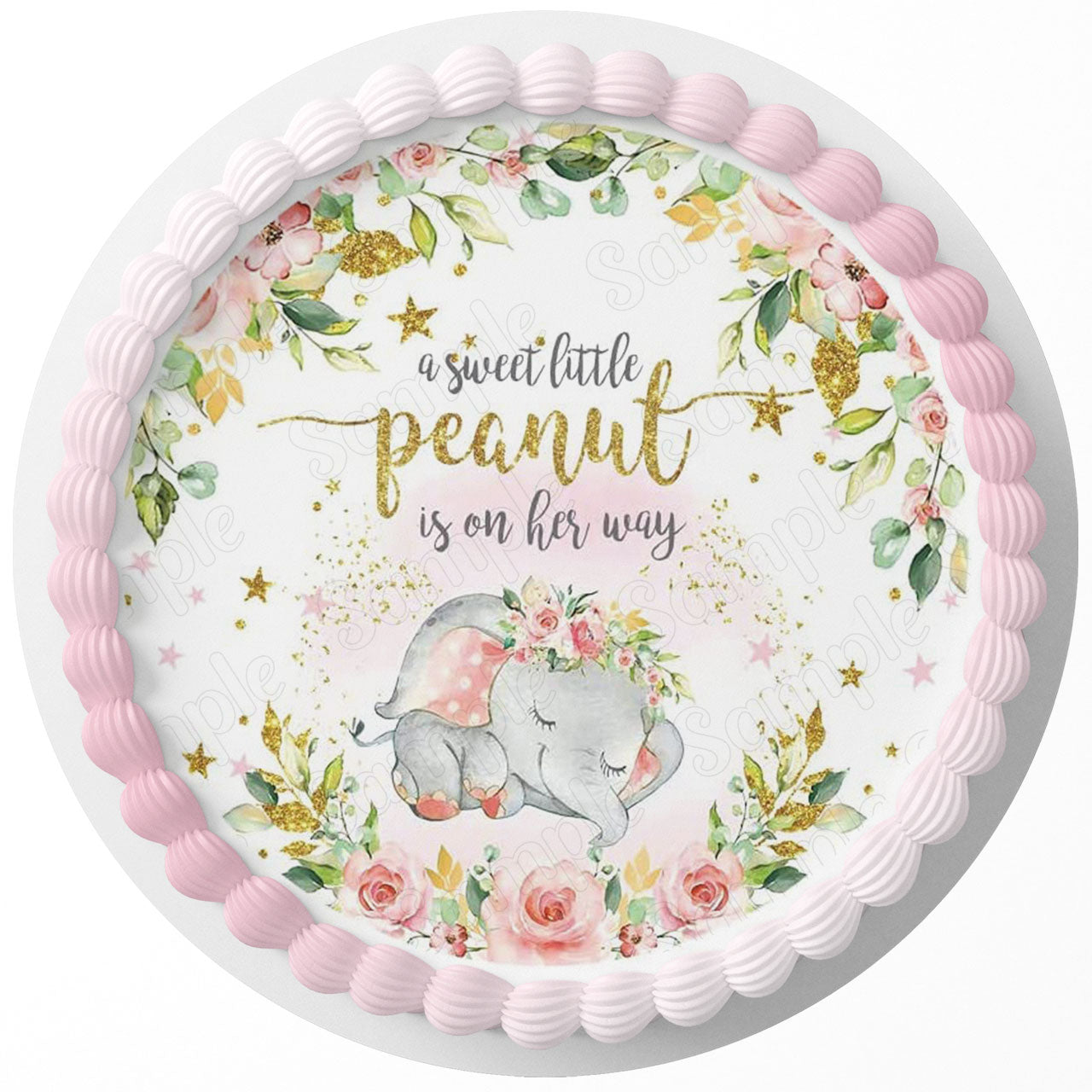A Sweet Little Peanut Is On Her Way Baby Girl Elephant Round – Ic - Personalized Edible Cake Topper | Custom Icing Sheet | Birthday Cake Decoration