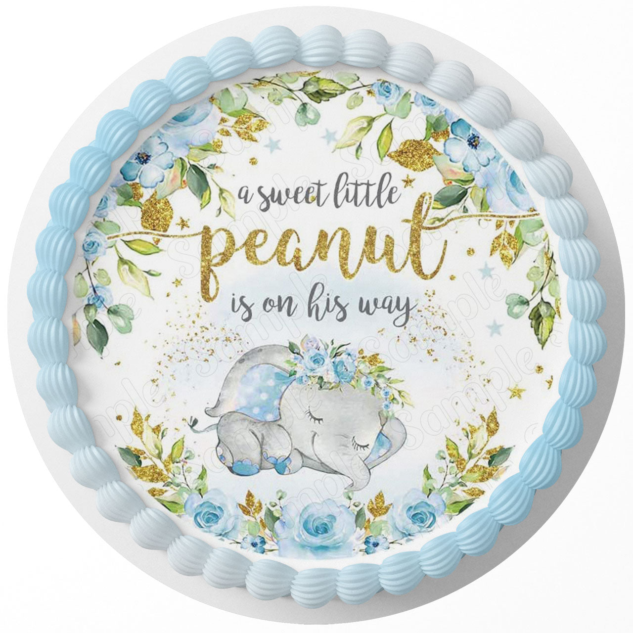 A Sweet Little Peanut Is On His Way Baby Boy Elephant Round – Ici - Personalized Edible Cake Topper | Custom Icing Sheet | Birthday Cake Decoration
