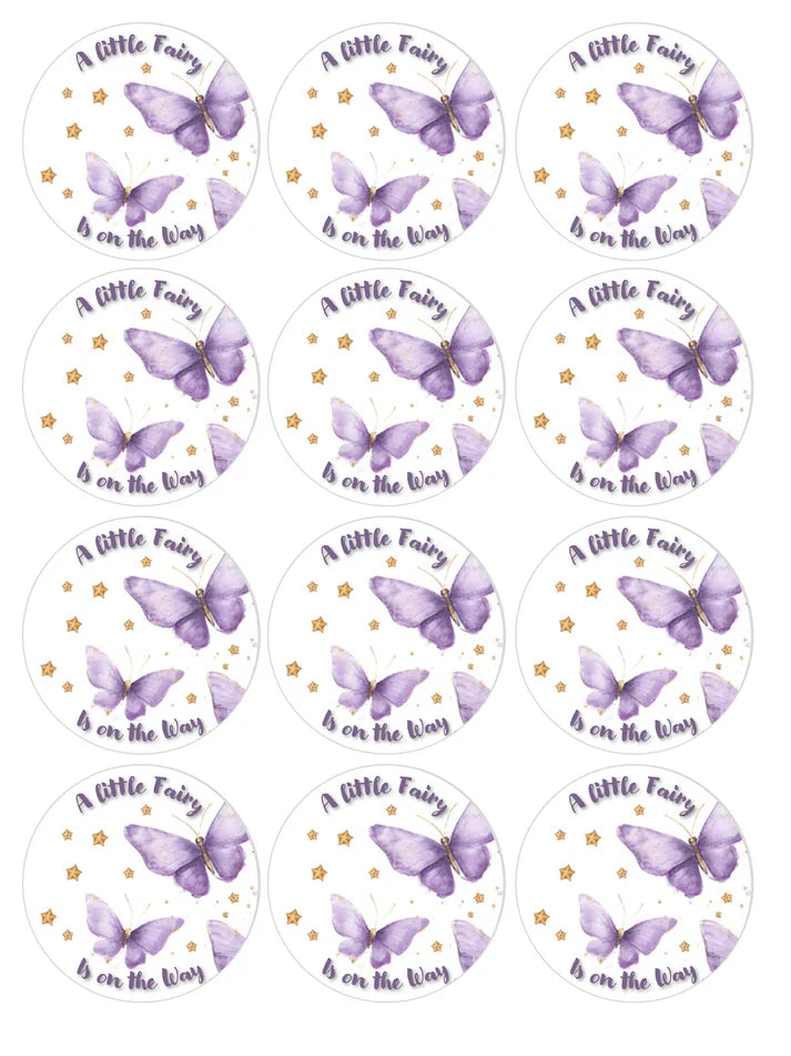 A Little Fairy Is on the Way Baby Shower Purple Edible Cupcake Toppers Icing Sheet or Wafer Paper