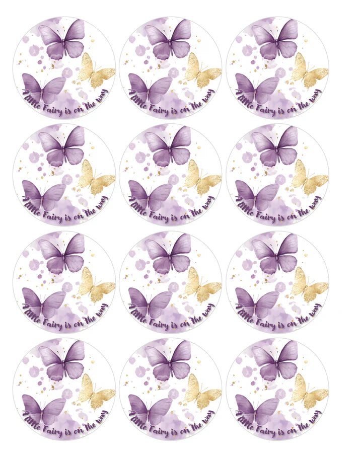 A Little Fairy Is on the Way Baby Shower Purple and Gold Edible Cupcake Toppers Icing Sheet or Wafer Paper