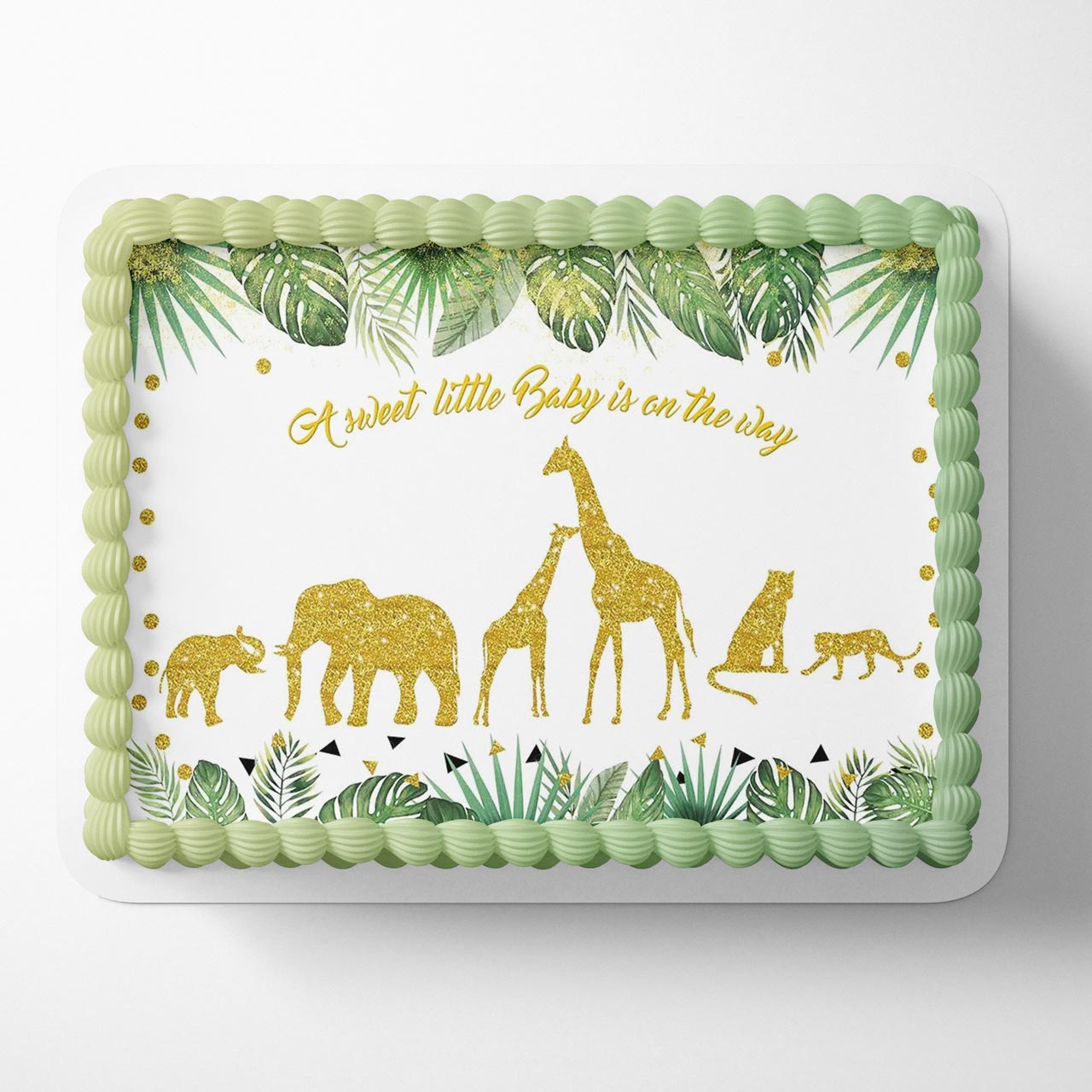 A Sweet Little Baby is On The Way Tropical Palm Leaves Gold Decor Wild One for Jungle Edible Cake Topper