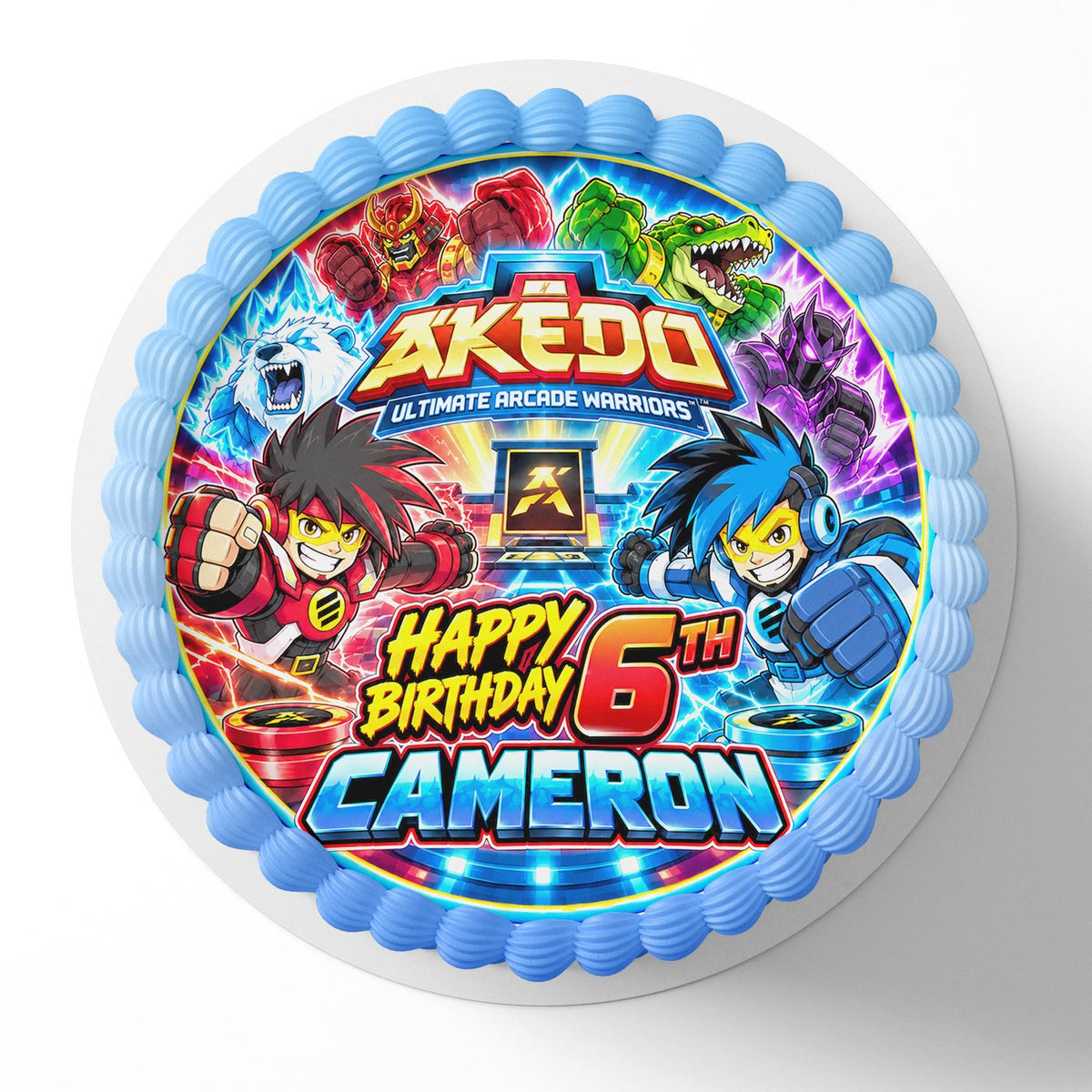 Akedo Ultimate Arcade Warriors Edible Cake Topper | Birthday Cake Decoration | Photo Cake Image