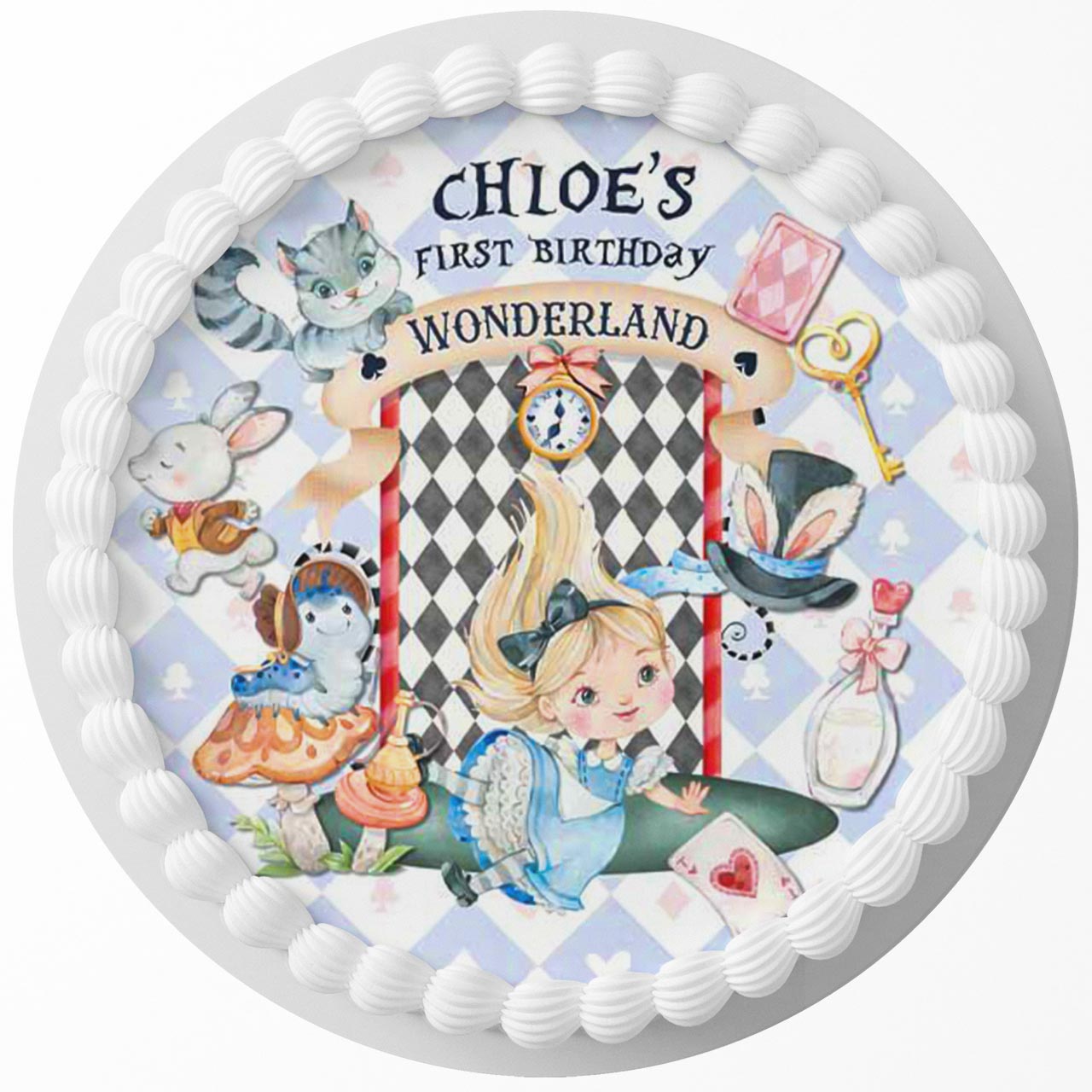 Alice Wonderland Watercolor Round – Icing Sheet Birthday - Personalized Edible Cake Topper | Custom Icing Sheet | Birthday Cake Decoration