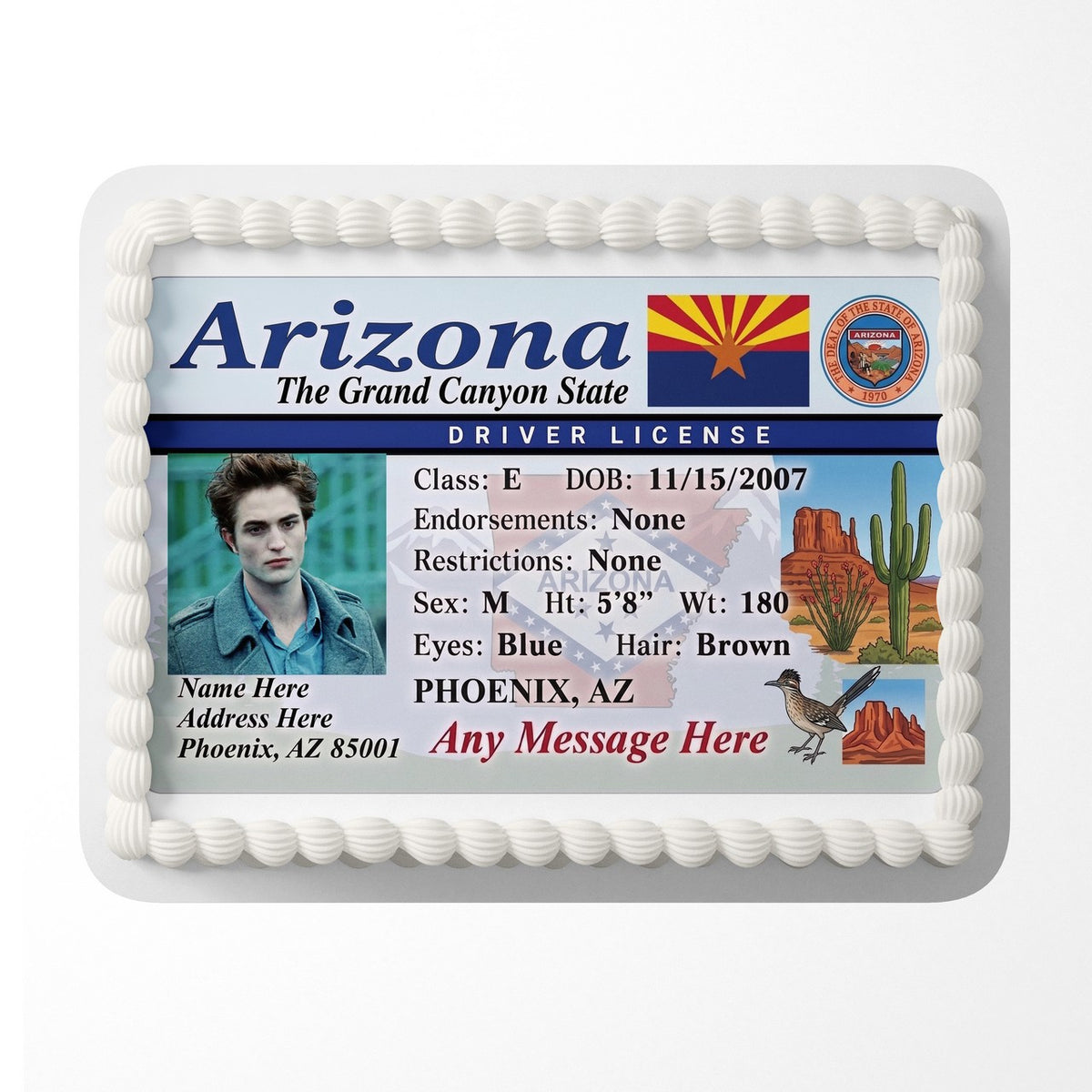 Arizona Driver License Edible Cake Topper – Custom Photo Birthday Icing Sheet