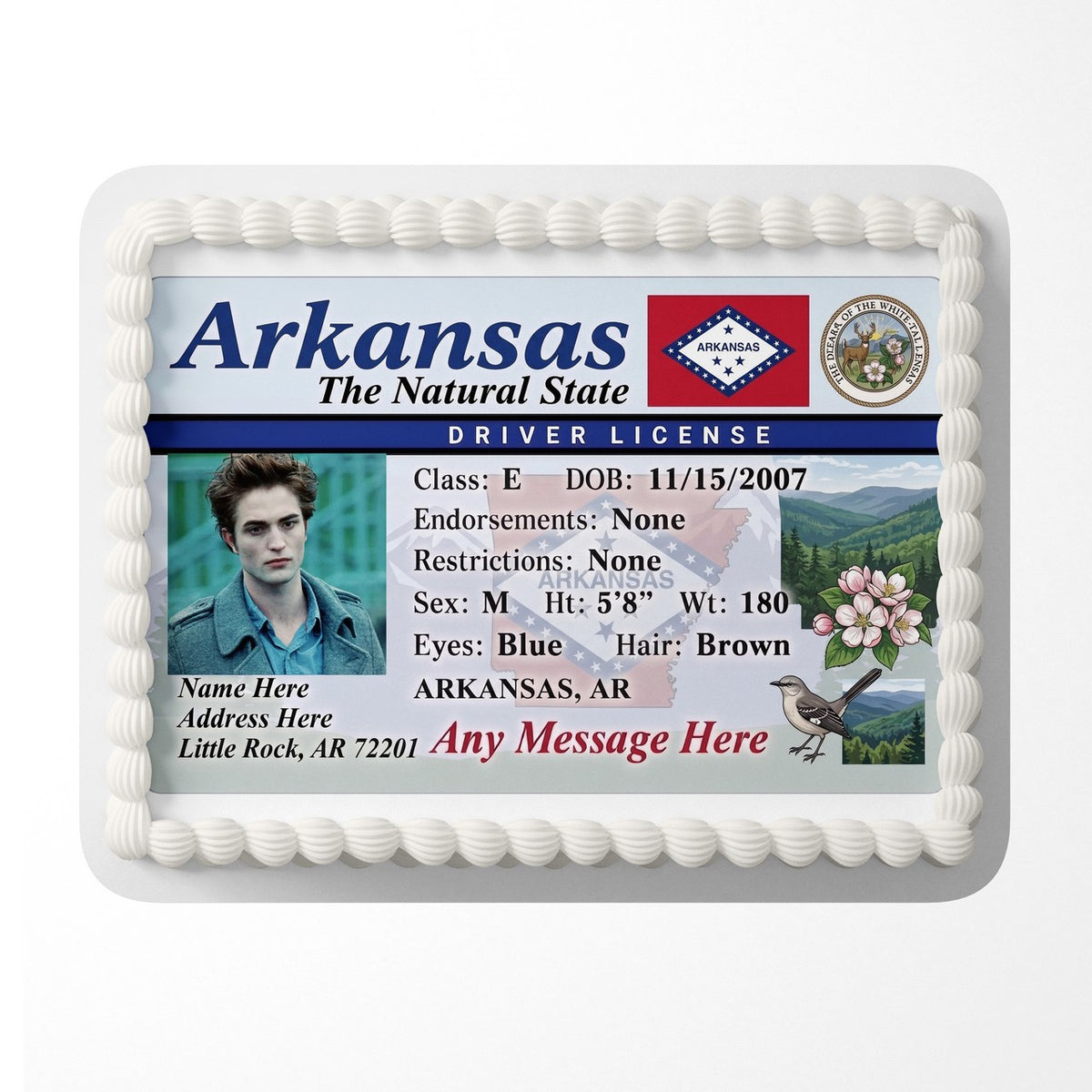 Arkansas Driver License Edible Cake Topper – Custom Photo Birthday Icing Sheet