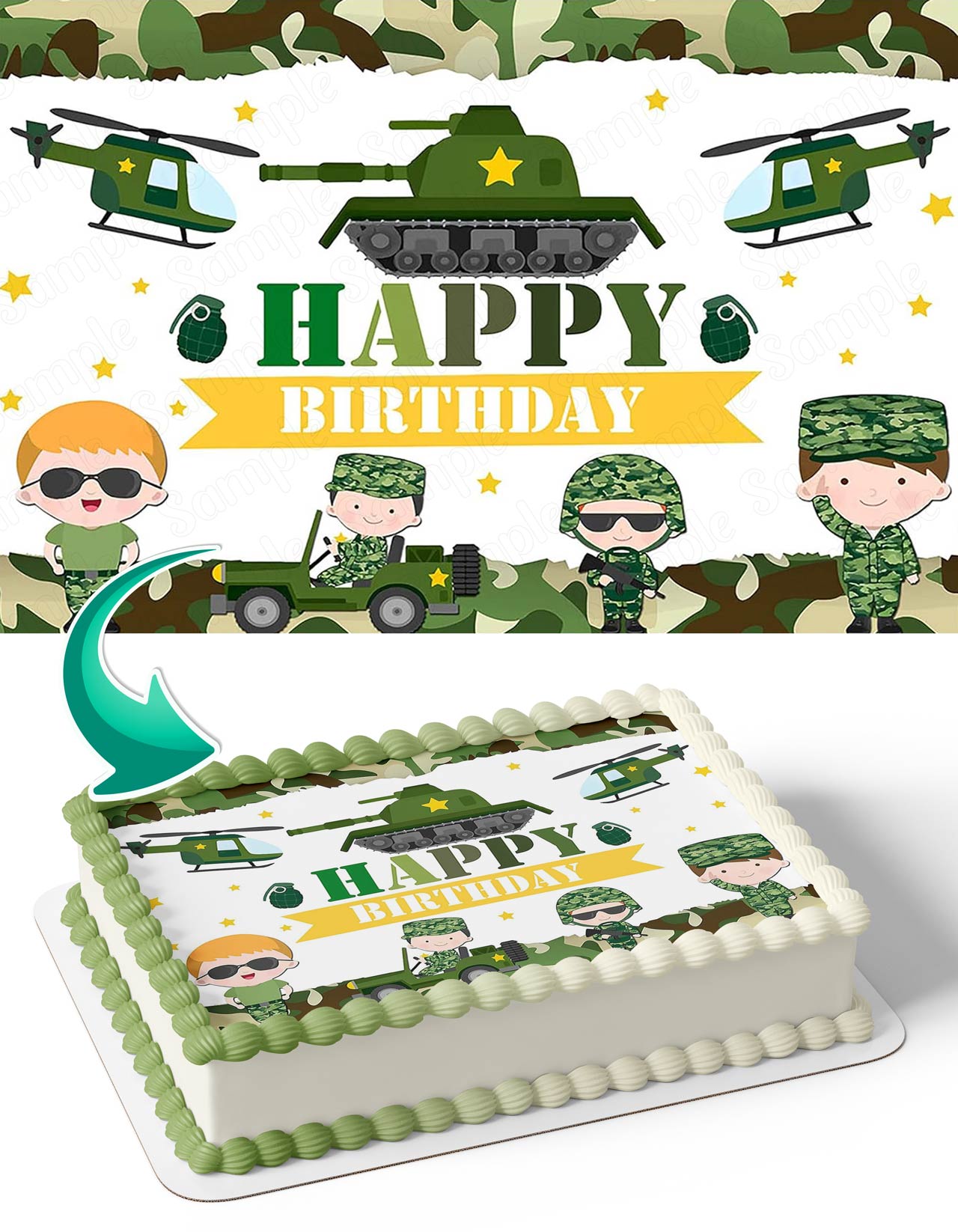 Army Soldier Military Tank Helicopter Camouflage Kids Edible Cake Topper