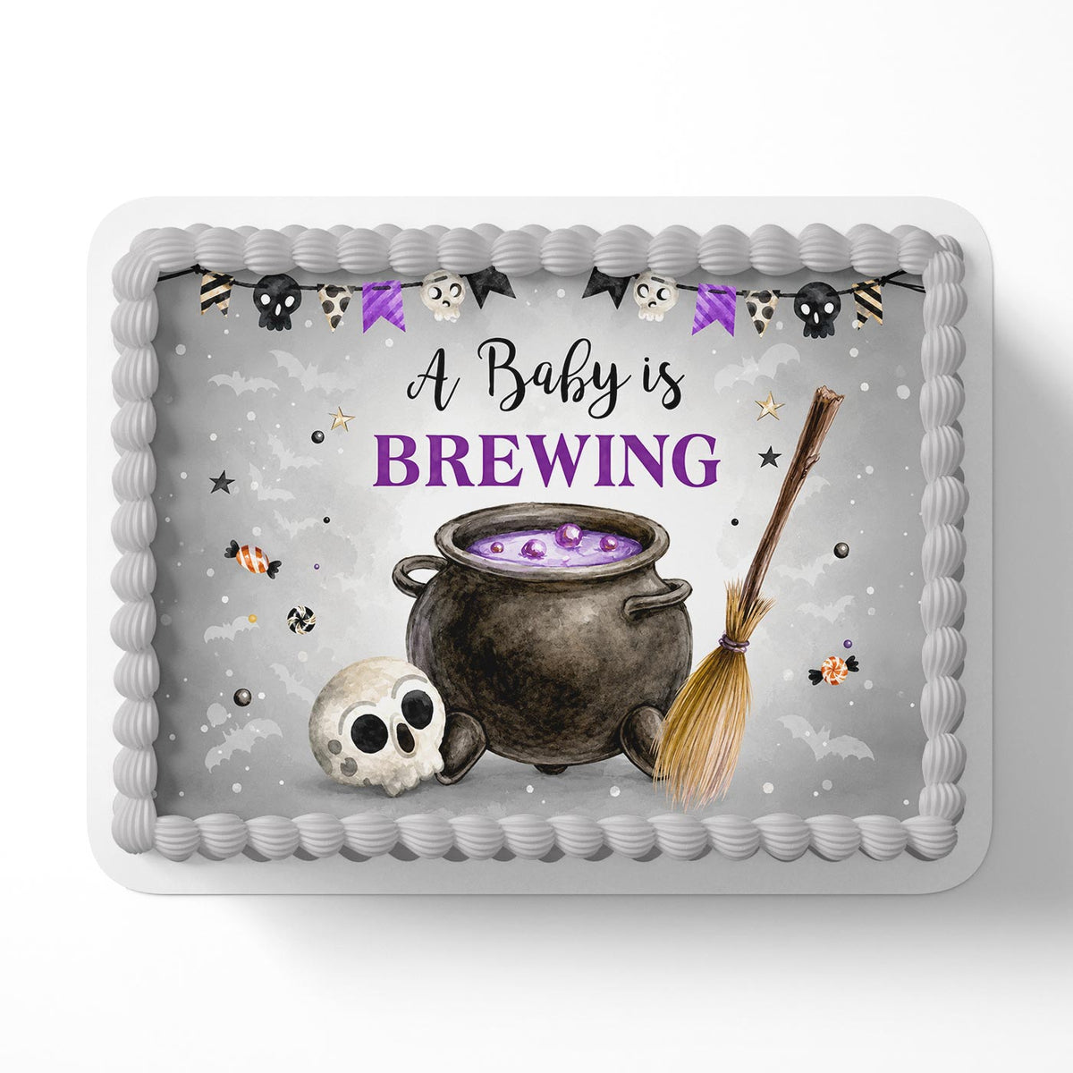 A Baby Is Brewing Baby Shower Cake Topper – Halloween Witch Theme Edible Cake Image, Cauldron, Broom & Skull Cake Decoration