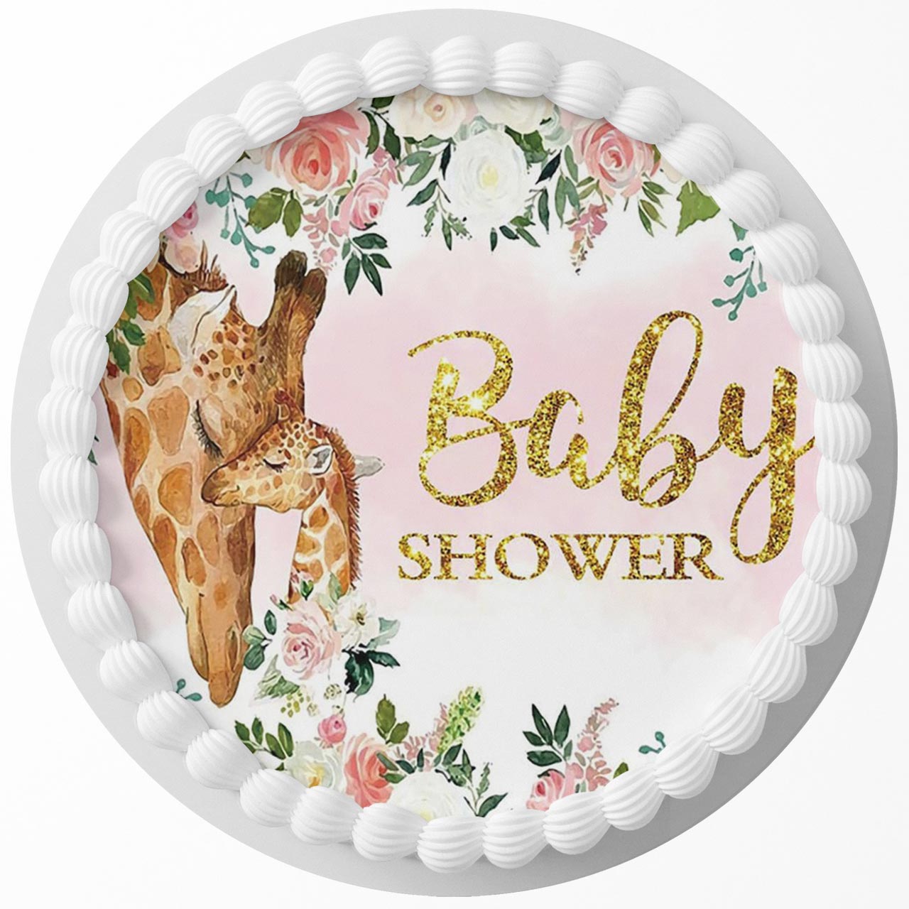 Baby Shower Giraffe Baby Flowers LQP Round – Icing Sheet Birthday - Personalized Edible Cake Topper | Custom Icing Sheet | Birthday Cake Decoration