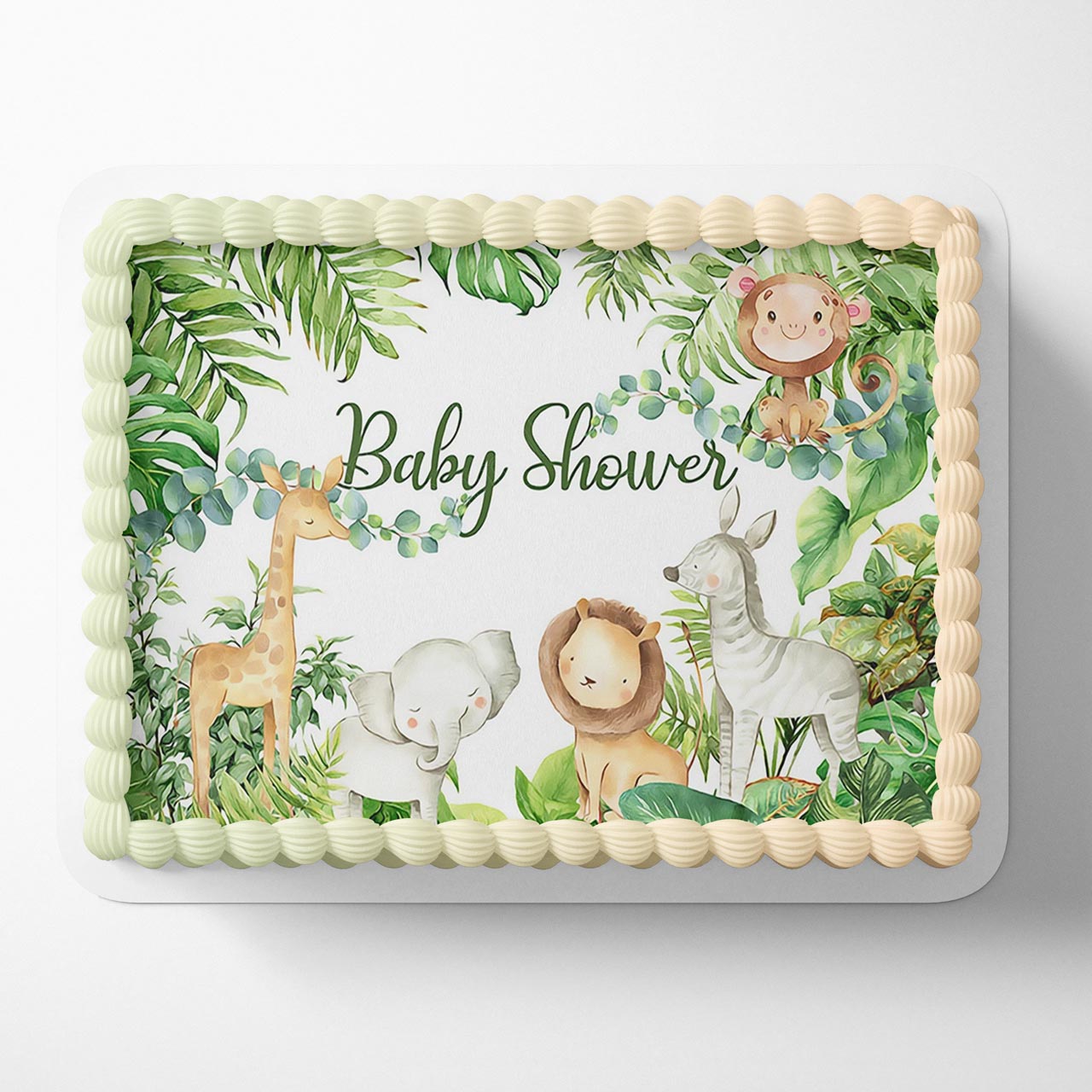 Baby Shower Green Leaves Forest Cute Elephant Lion Deer Animals GAF Edible Cake Topper