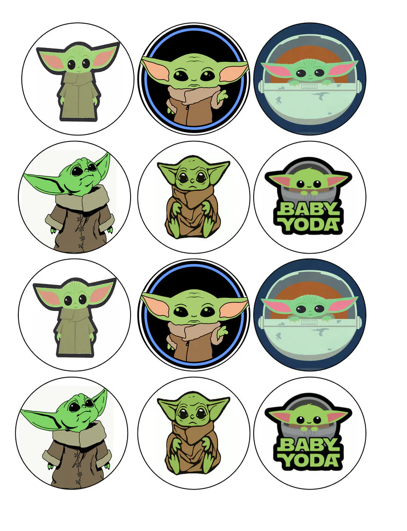 Baby Yoda Edible Cupcake Toppers Icing Sheet or Wafer Paper