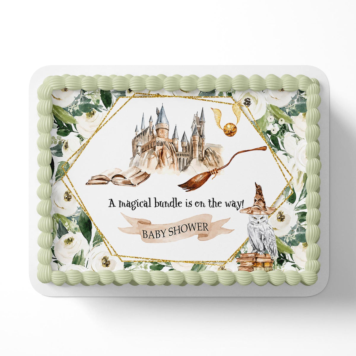 Magical Baby Shower Cake Topper – Wizard Theme Edible Cake Image, Castle, Broom & Owl Cake Decoration