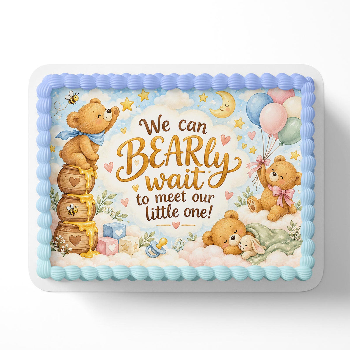We can BEARly Wait Teddy Bear Little Cute Honey Edible Cake Topper Cake Decoration Photo Cake Image Custom