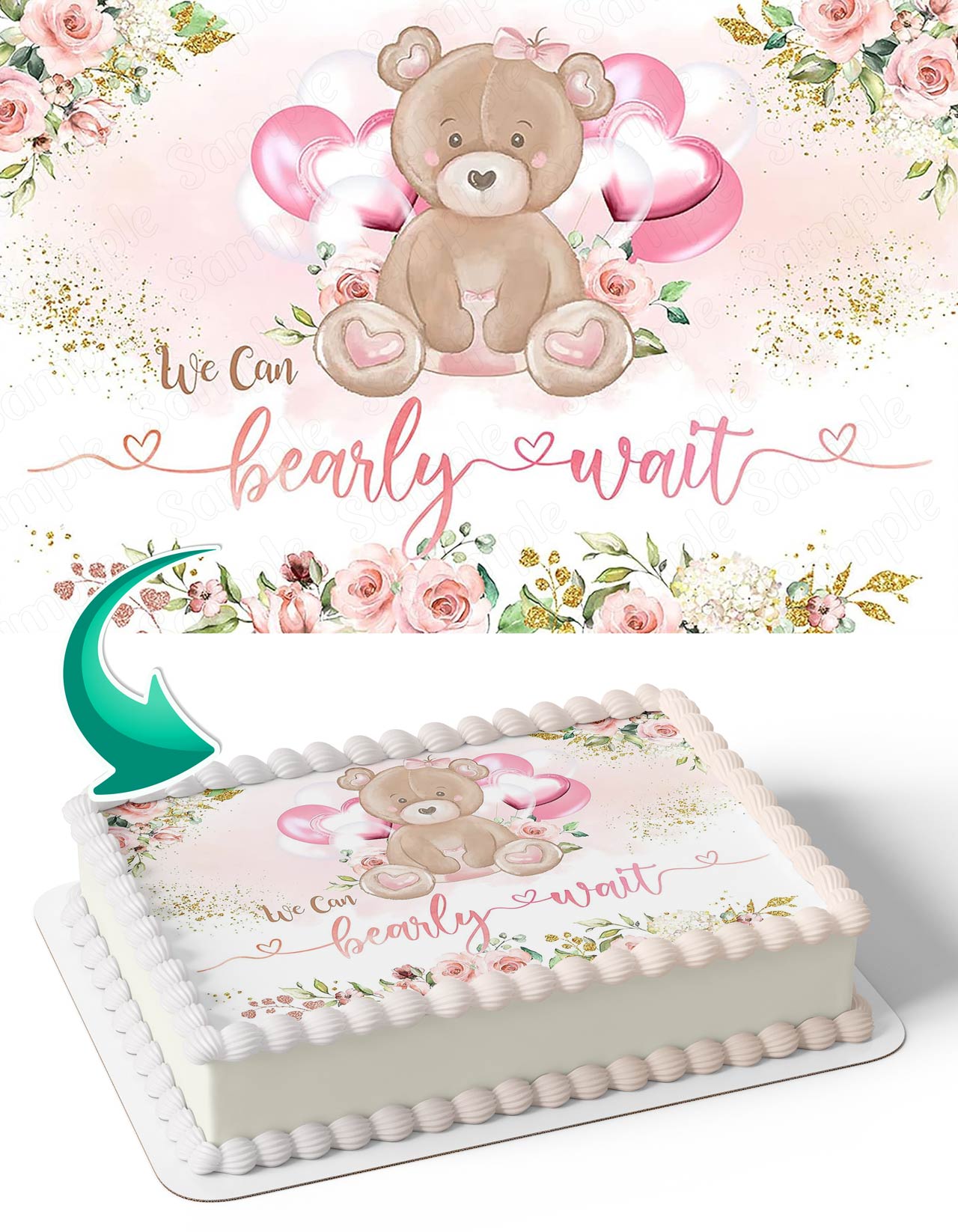 Bear Hearts Baby Shower We Can Bearly Wait Pink Floral Edible Cake Topper