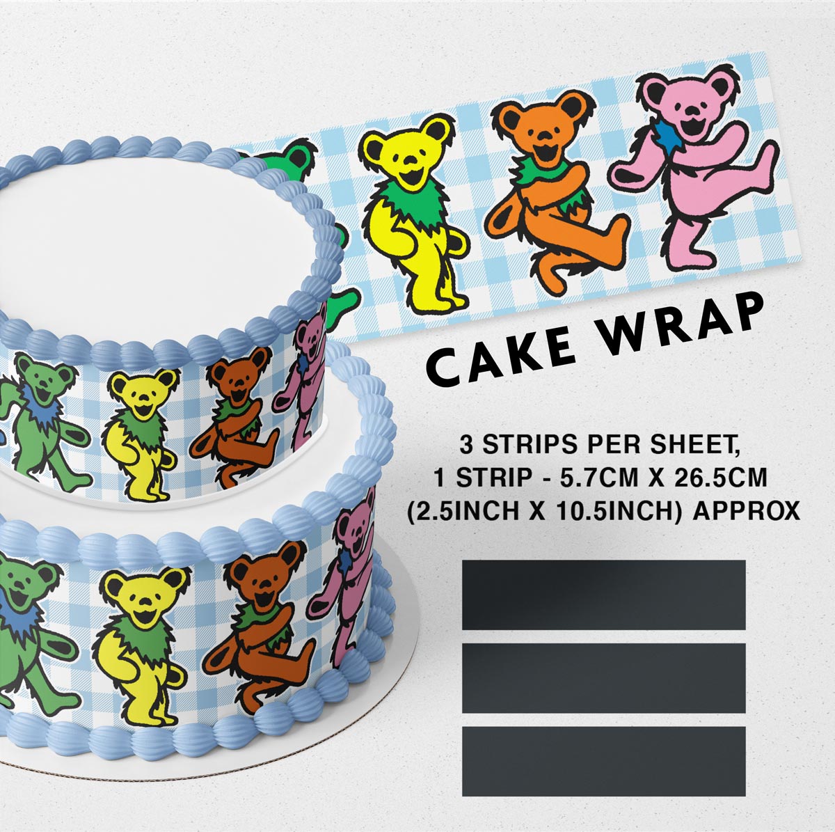 Dancing Bears Edible Cake Wrap – Blue Checkered Cake Strips, Deer Cake Border Decoration, 3 Strips per Sheet