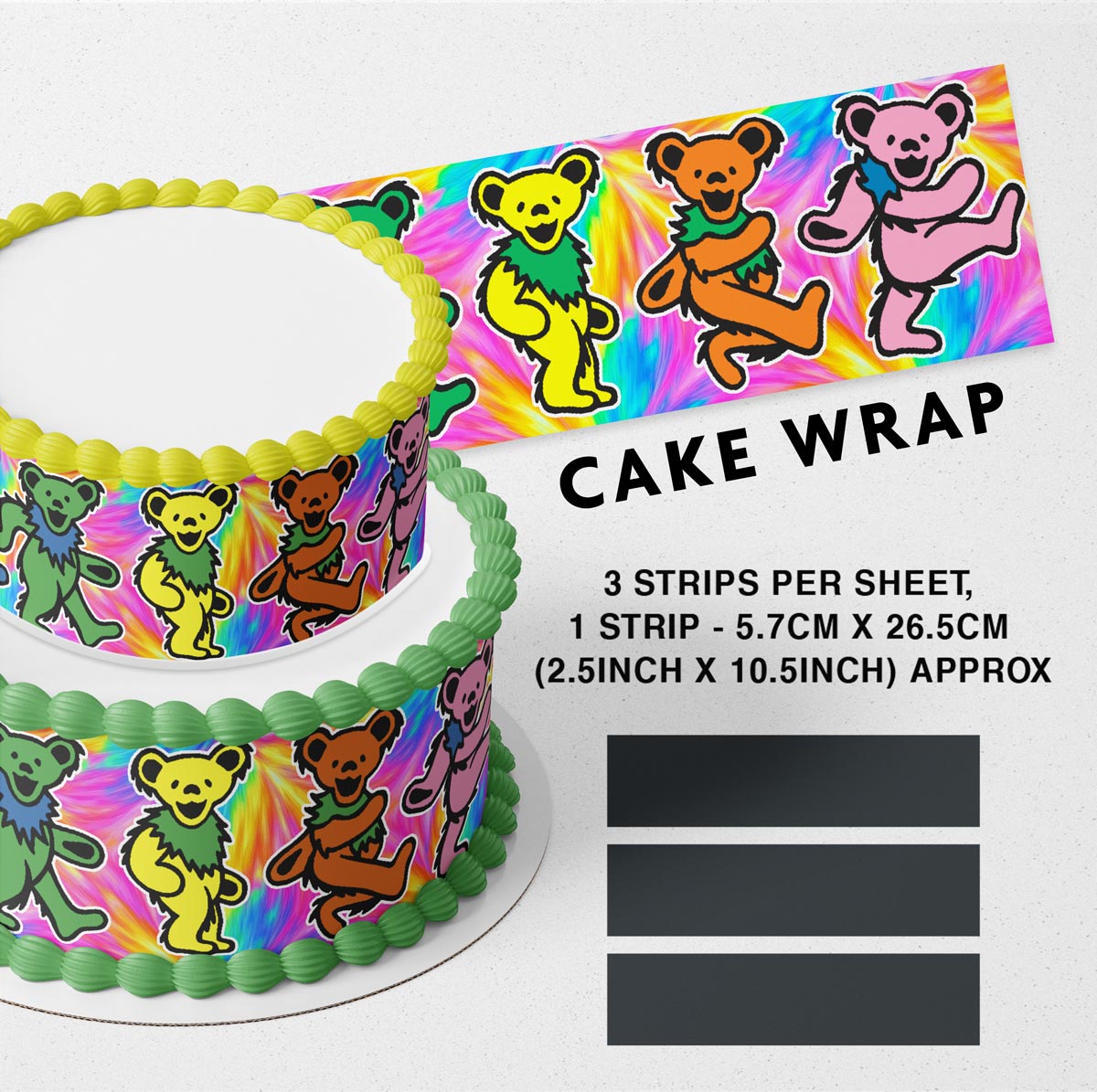 Dancing Bears Edible Cake Wrap – Colorful Rainbow Cake Strips, Deer Cake Border Decoration, 3 Strips per Sheet
