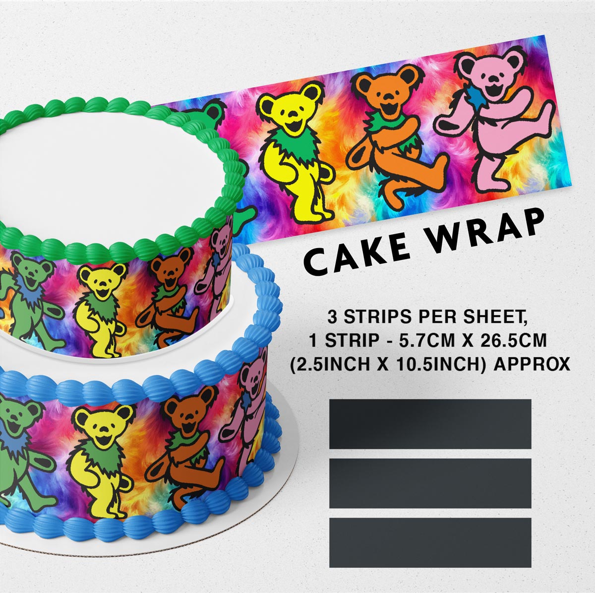 Dancing Bears Edible Cake Wrap – Rainbow Cake Strips, Deer Cake Border Decoration, 3 Strips per Sheet