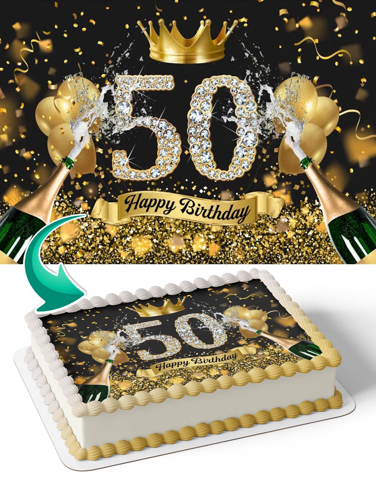 Black And Gold Balloons Crown Champagne Glitter 50th Anniversary Celebration Edible Cake Topper