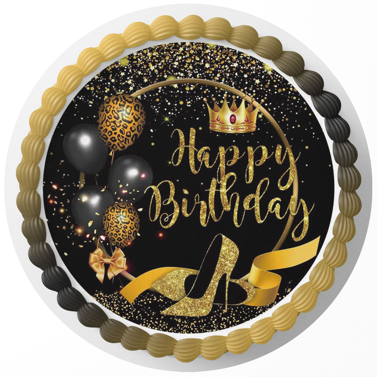 Black And Gold Balloons Crown Leopa Skin Glitter Shoes Round – Ic - Personalized Edible Cake Topper | Custom Icing Sheet | Birthday Cake Decoration