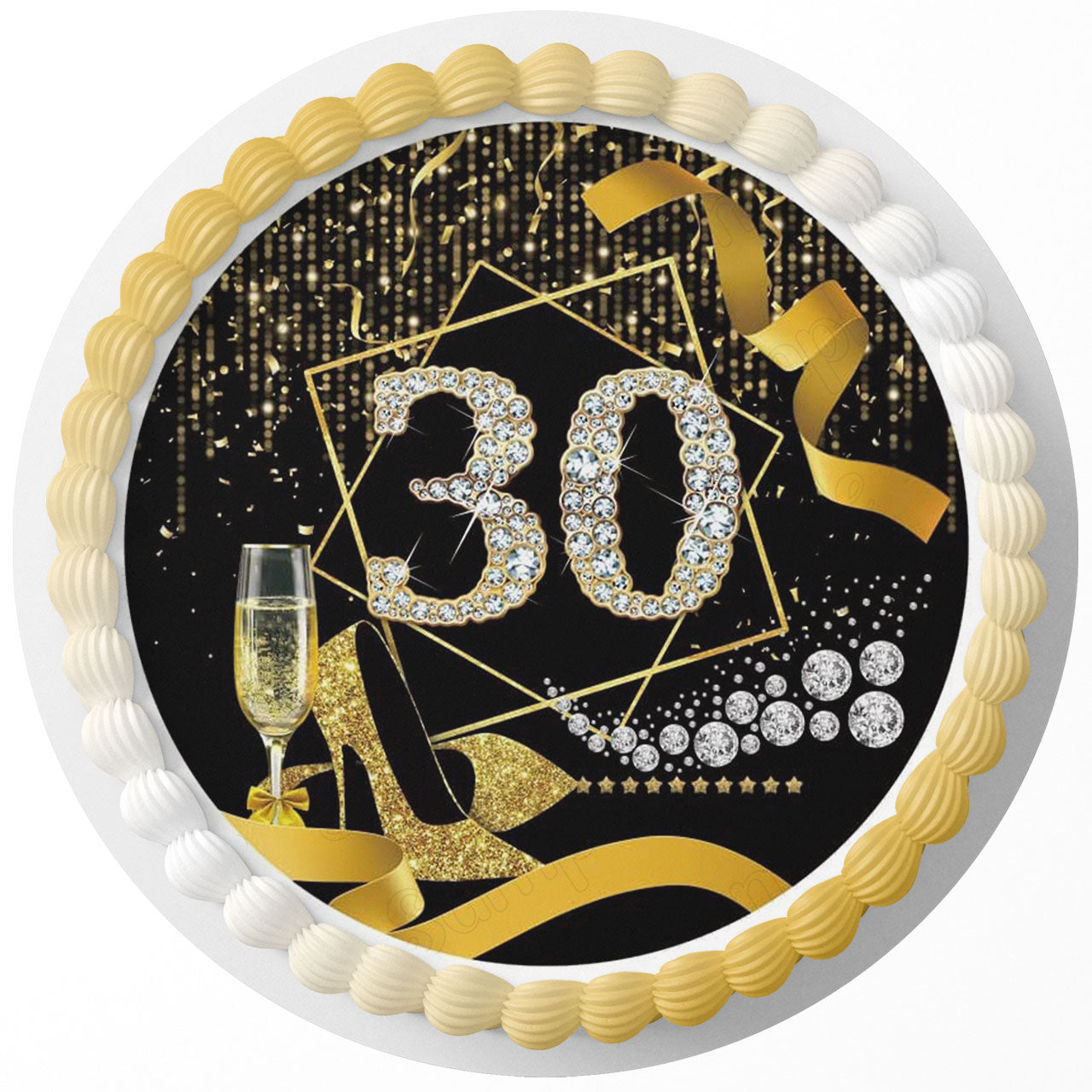 Black And Gold Champagne Glitter Shoes 30th Round – Icing Sheet B - Personalized Edible Cake Topper | Custom Icing Sheet | Birthday Cake Decoration