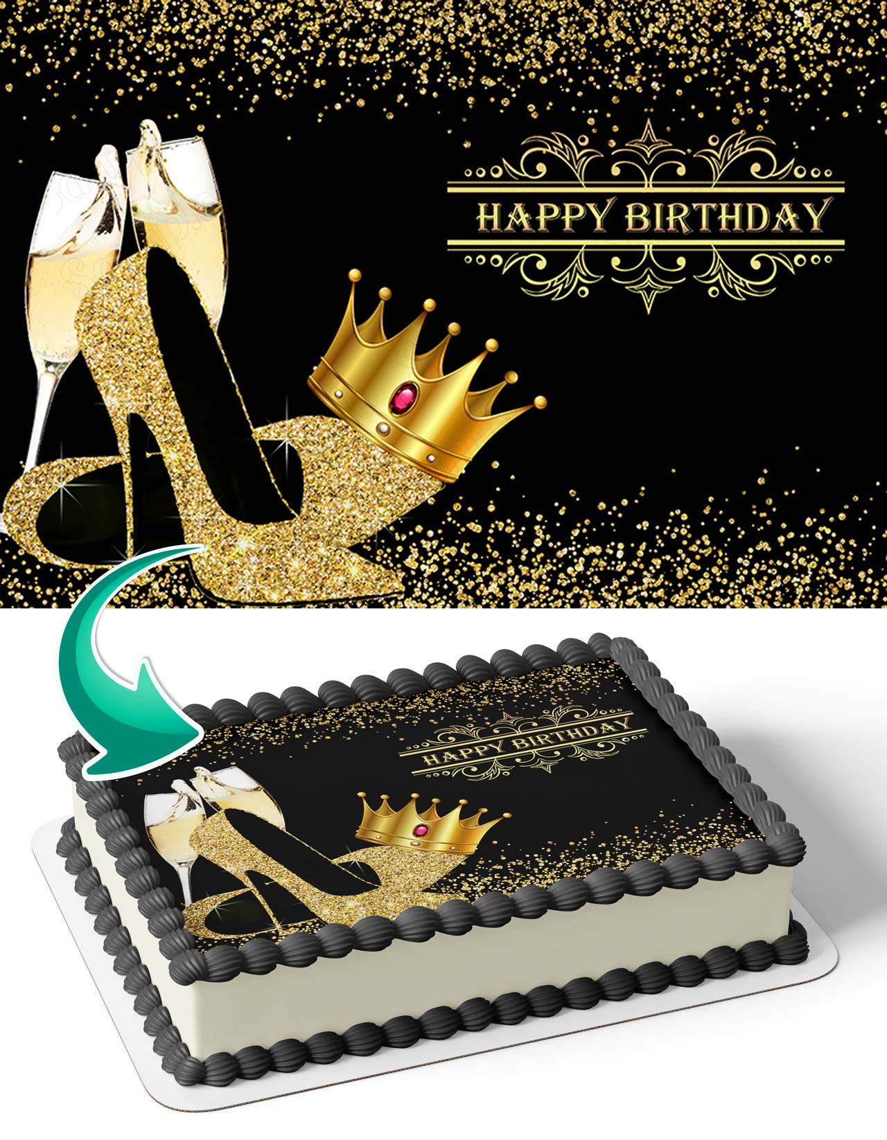 Black And Gold Champagne Glitter Shoes BGS Edible Cake Topper