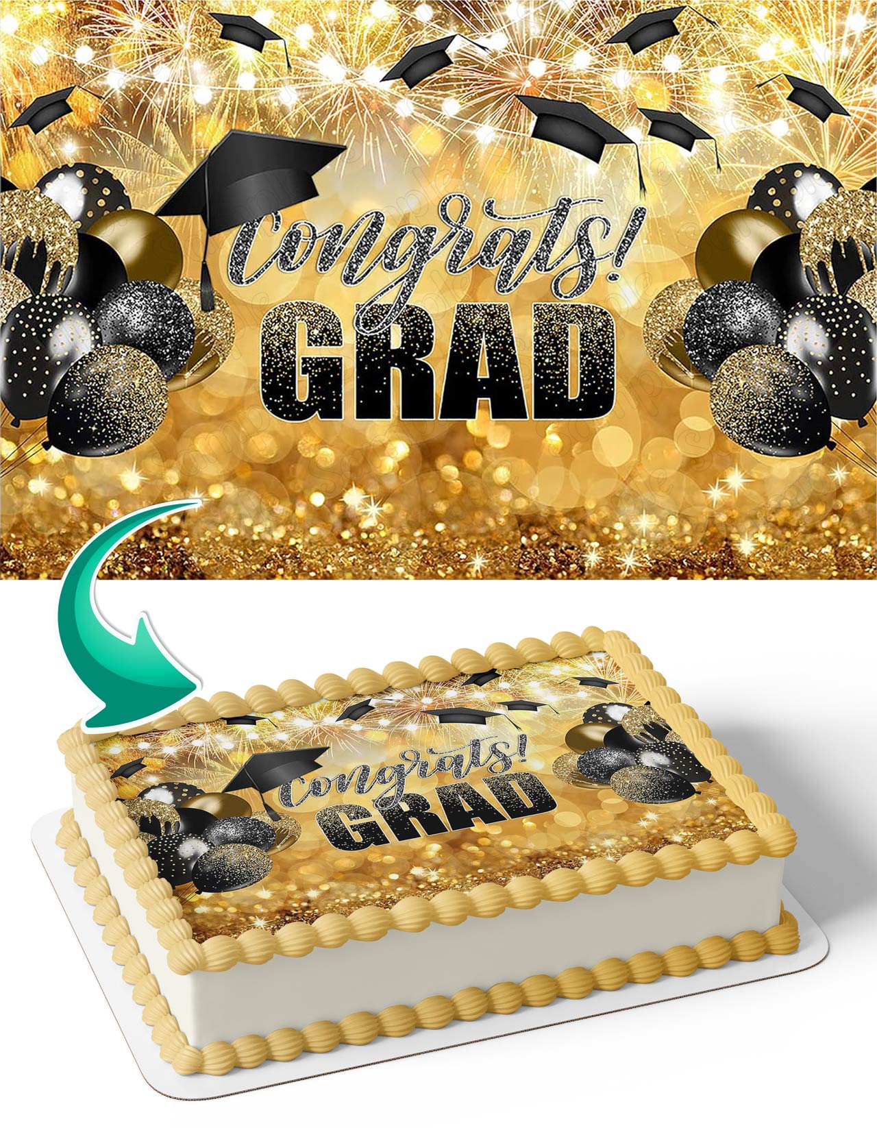 Black Gold Graduation Congrats Grad Edible Cake Topper