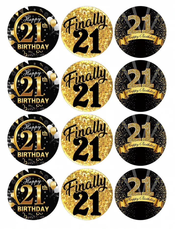 Black and Gold 21st Birthday Edible Cupcake Toppers Icing Sheet or Wafer Paper