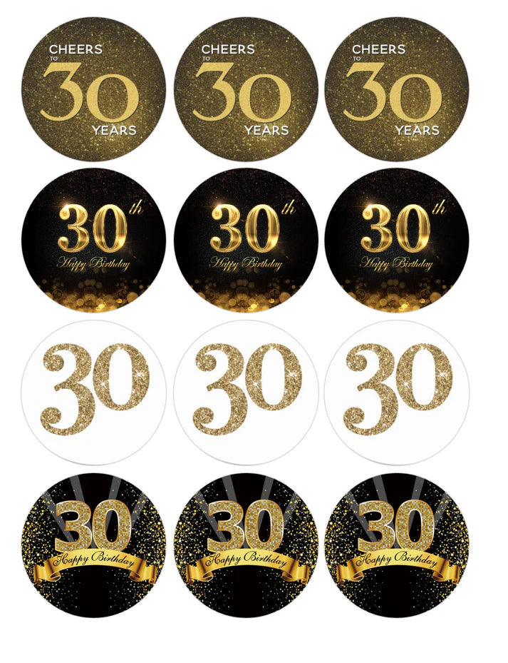 Black and Gold 30th Birthday Edible Cupcake Toppers Icing Sheet or Wafer Paper