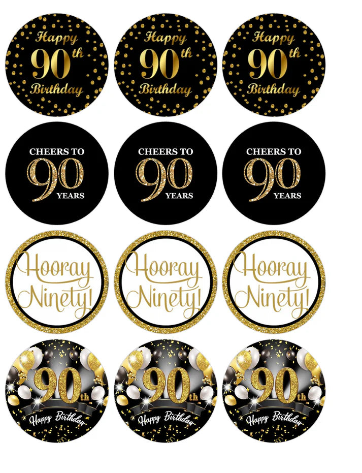 Black and Gold 90th Birthday Edible Cupcake Toppers Icing Sheet or Wafer Paper
