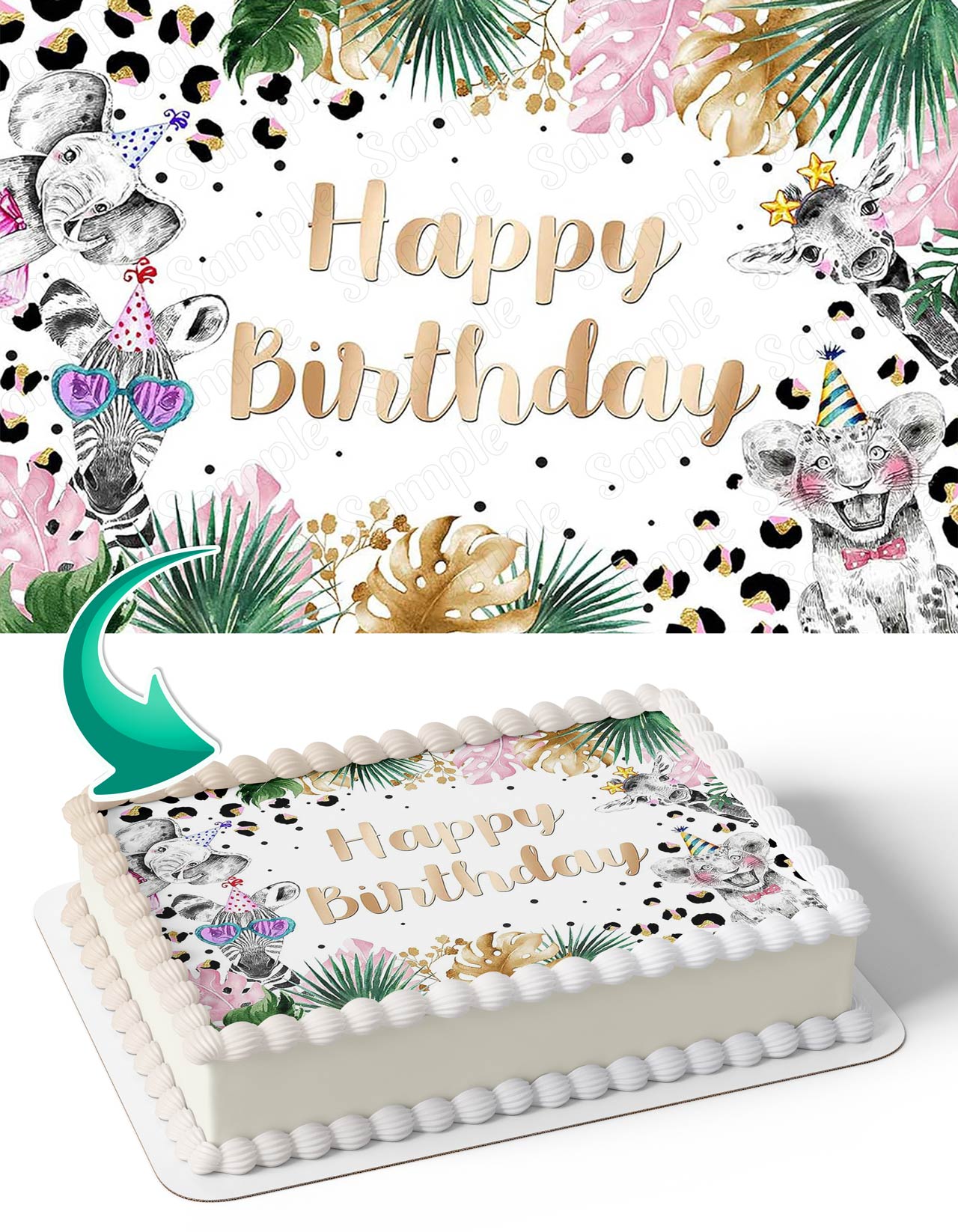 Black and White Tropical Animals Jungle Safari Pink Leaves Edible Cake Topper