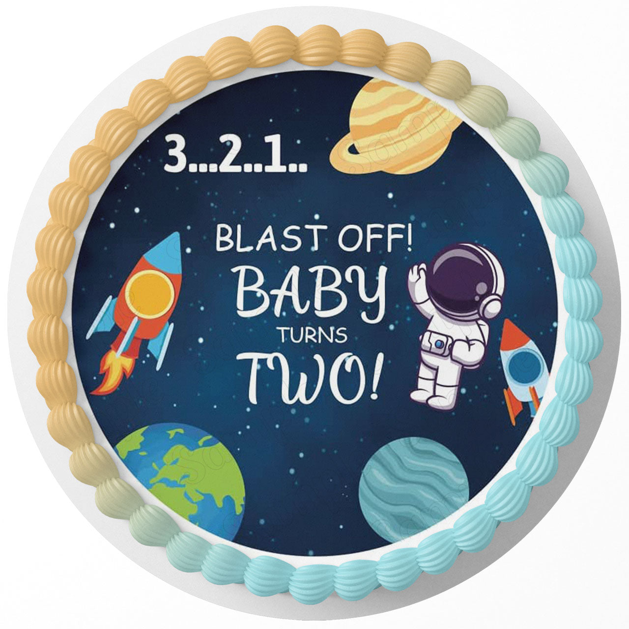 Blast Off Rocket Spaceman Planets Round – Icing Sheet Birthday - Personalized Edible Cake Topper | Custom Icing Sheet | Birthday Cake Decoration