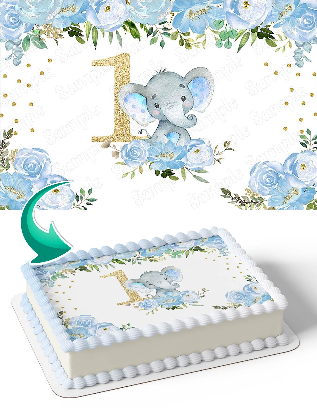 Blue Flowers Elephant 1st Year Edible Cake Topper