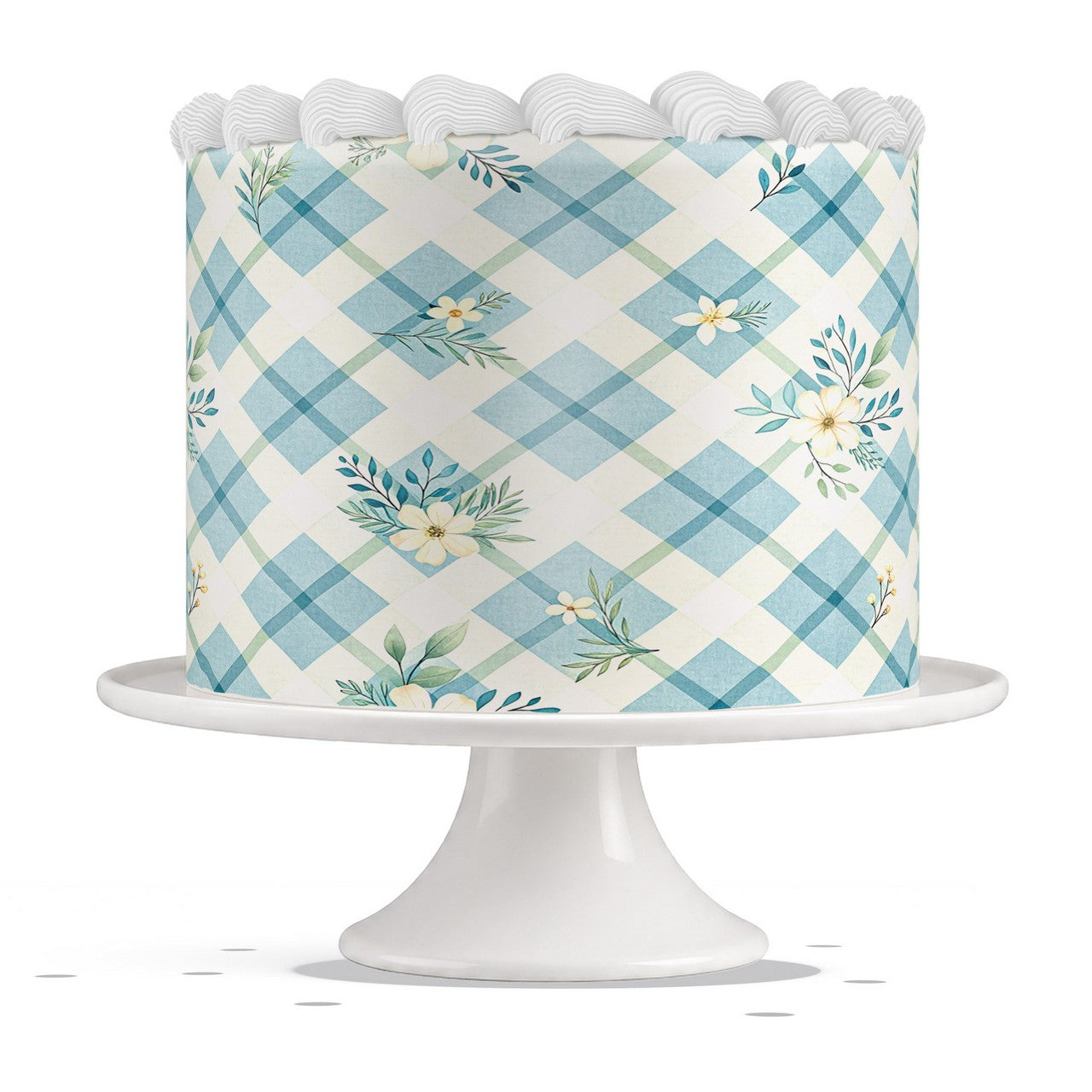 Blue Gingham Floral edible cake wrap strip icing sheet