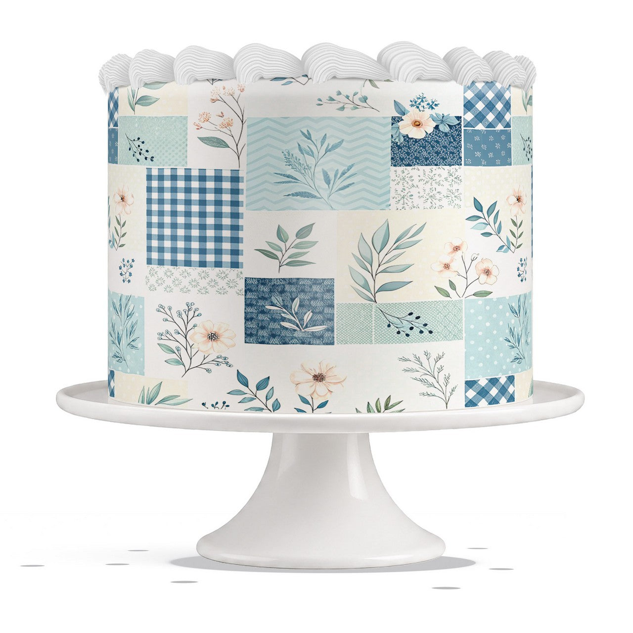 Blue Gingham Floral Patchwork edible cake wrap strip icing sheet