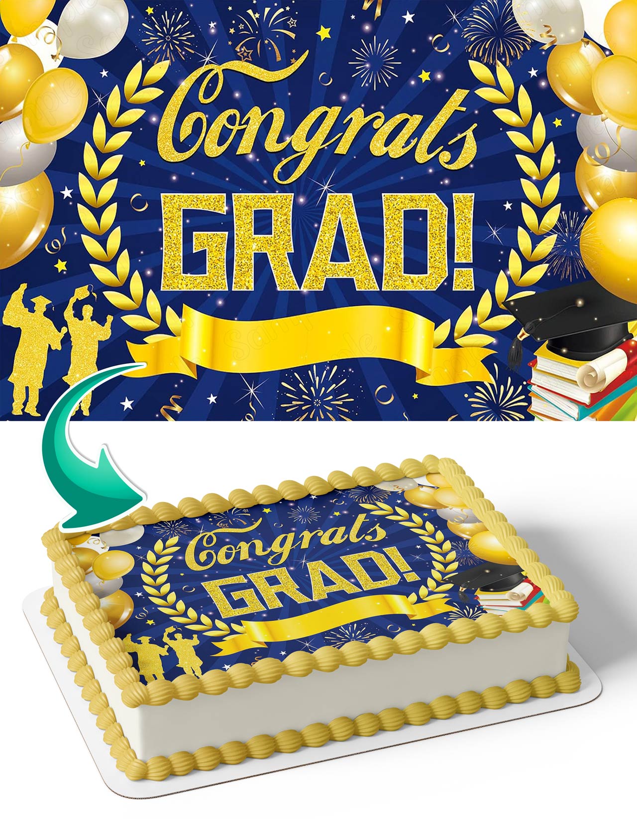 Blue Gold Graduation Congrats Grad Books BCG Edible Cake Topper