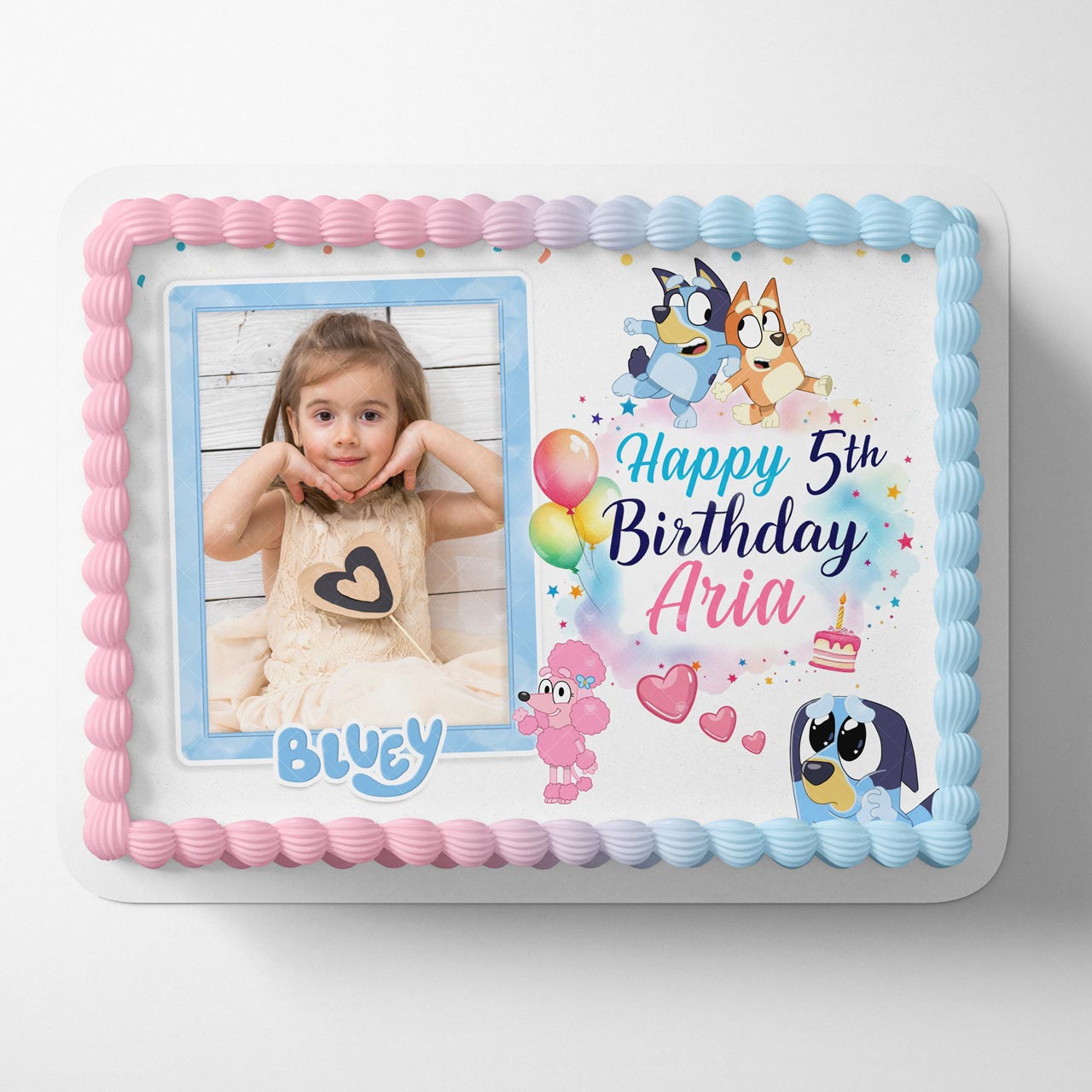 Bluey Girl Pink Blue Photo Frame – Birthday Image - Personalized Edible Cake Topper | Custom Icing Sheet | Birthday Cake Decoration